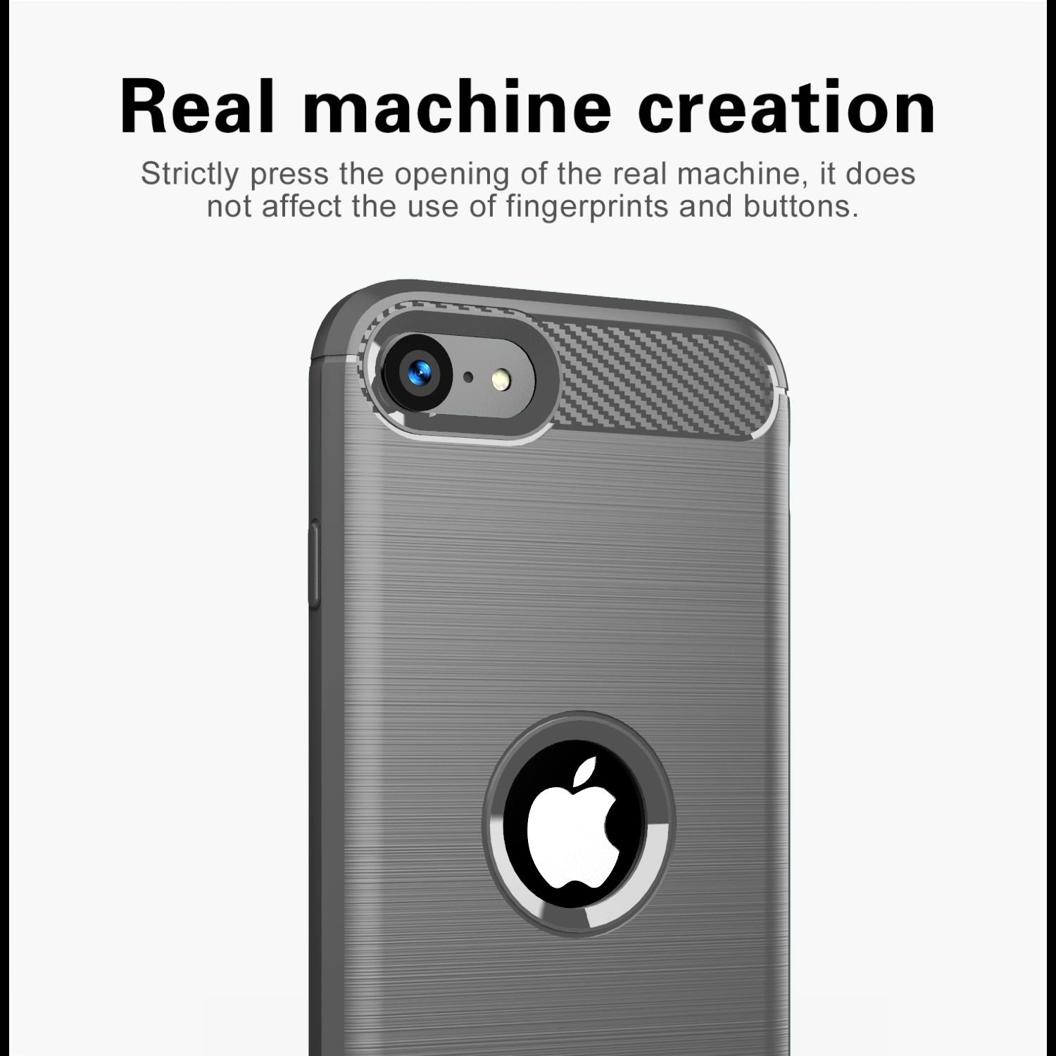Graue Handyhülle mit schwarzem Apple-Logo. Der Text lautet: Echte Maschinenerstellung.