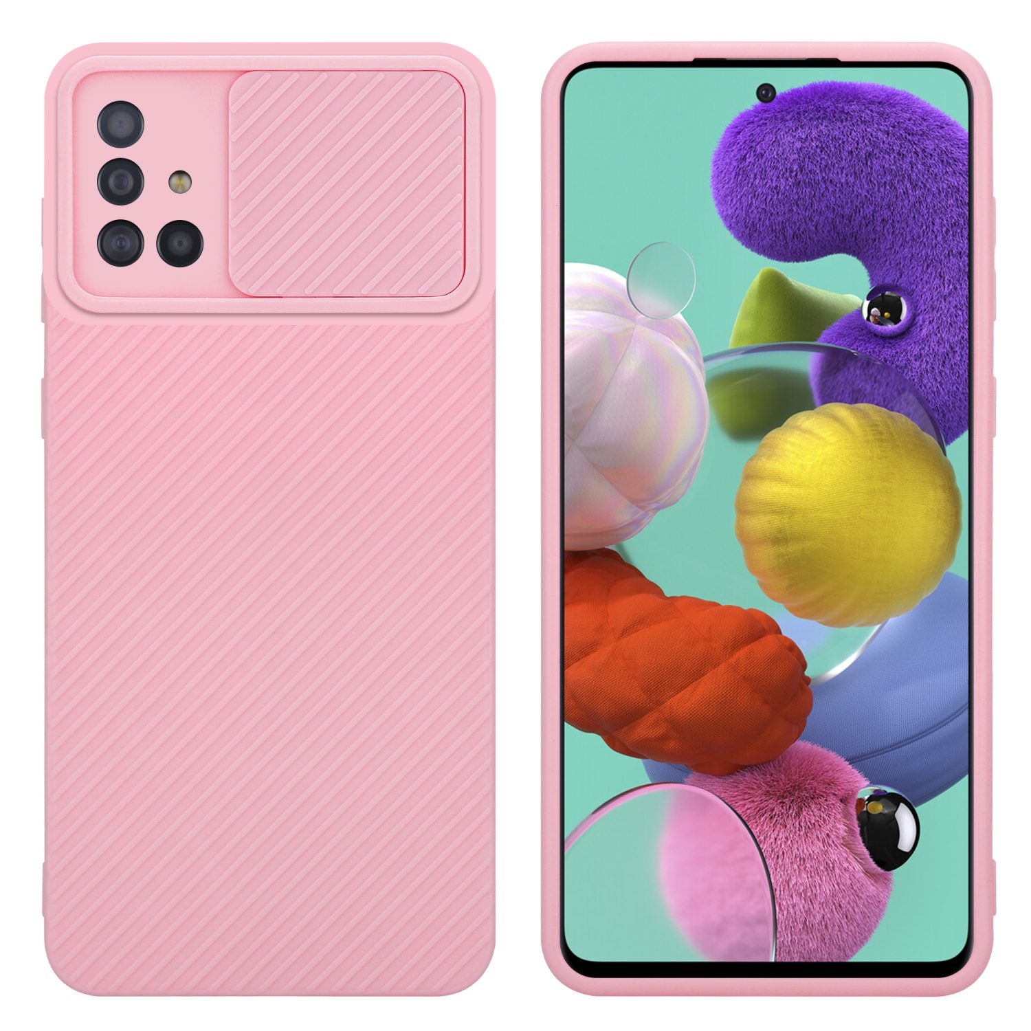 Rosa Handyhülle mit Kameraabdeckung und Telefon darin. Weißer Hintergrund.