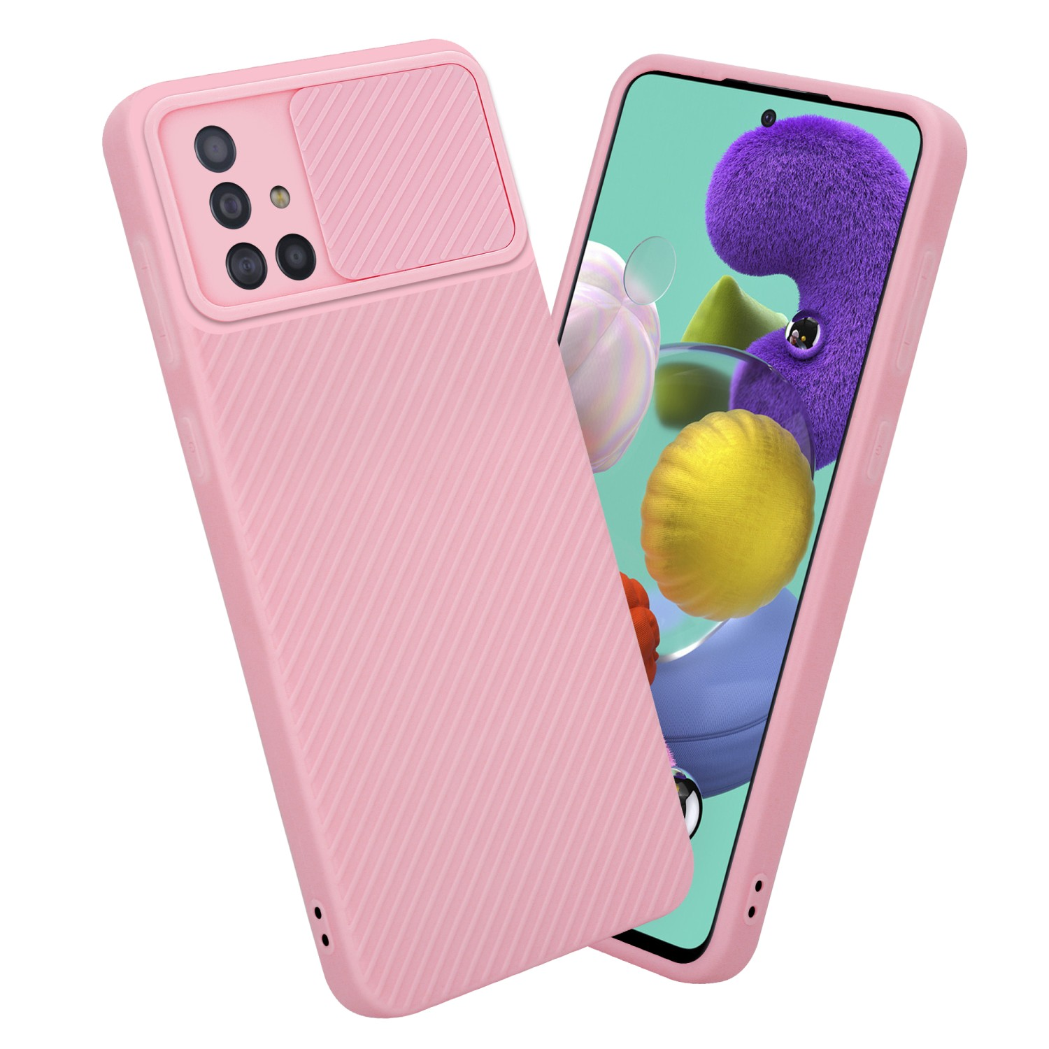 Rosa Handyhülle mit Kameraabdeckung. Telefon rechts zeigt farbenfrohes lila Bild.