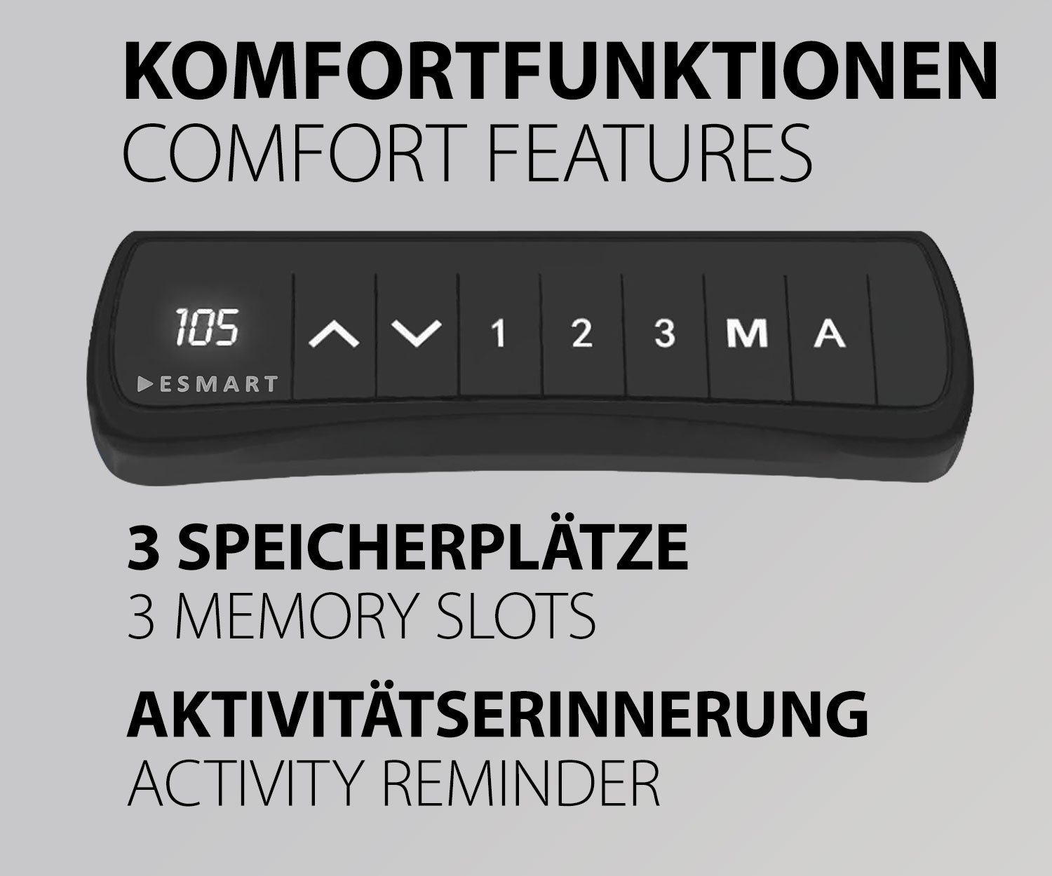 Ein schwarzes Gerät mit Knöpfen und digitaler Anzeige. Text auf Deutsch über Komfortfunktionen und Speicherplätze.