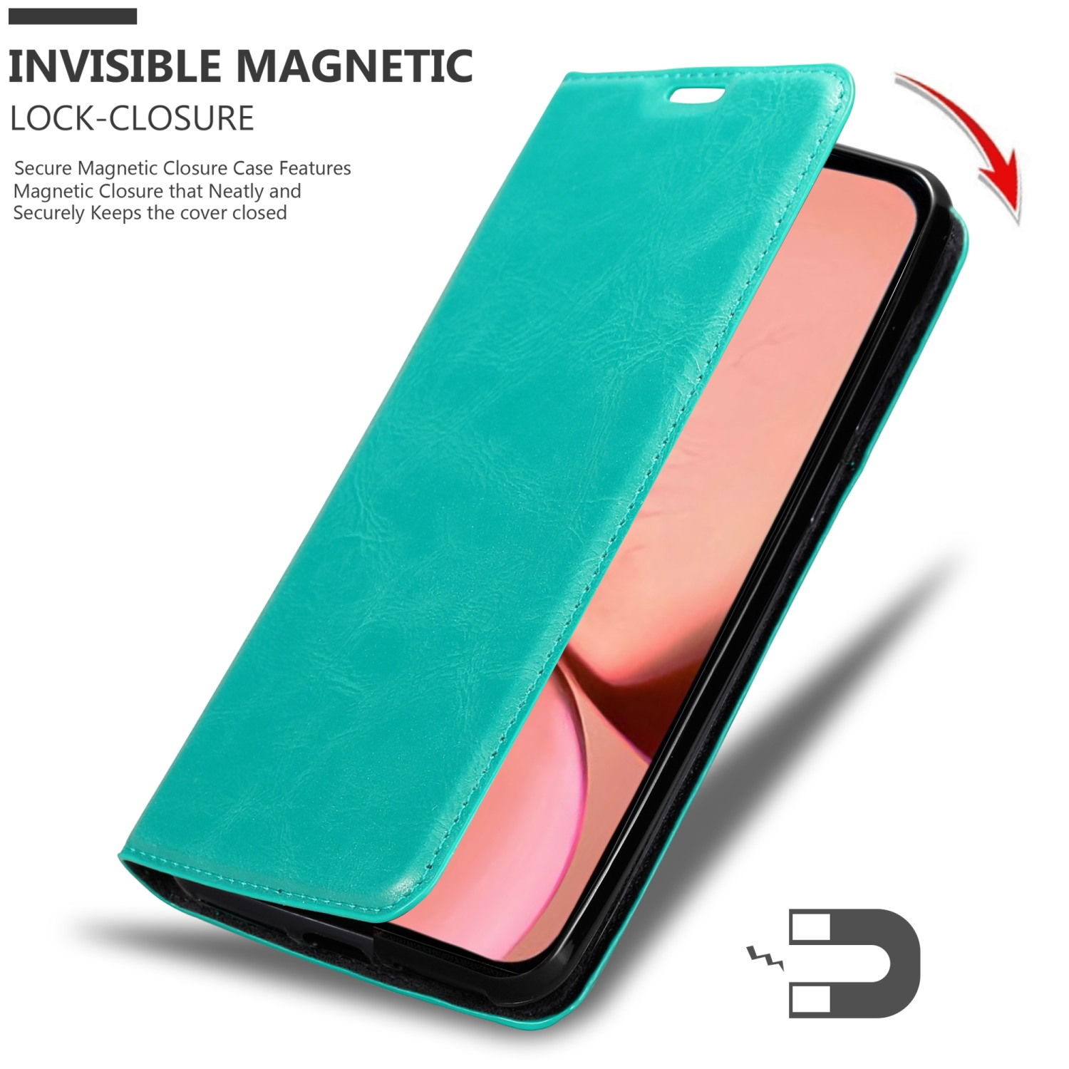 Custodia teal con chiusura magnetica. La custodia è aperta, rivelando il telefono.