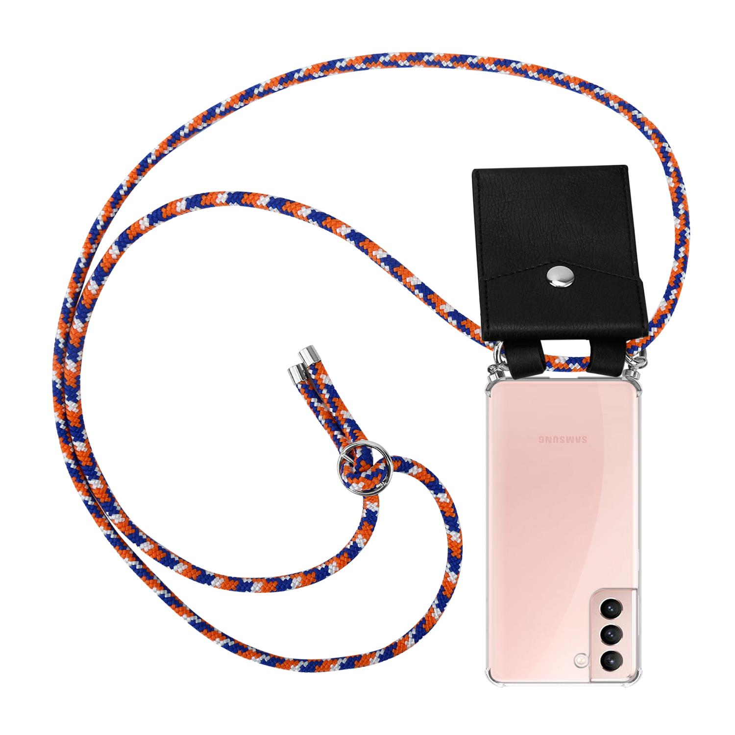 Telefon mit einer transparenten Hülle und einem farbenfrohen Nackengurt mit schwarzem Lederbeutel.