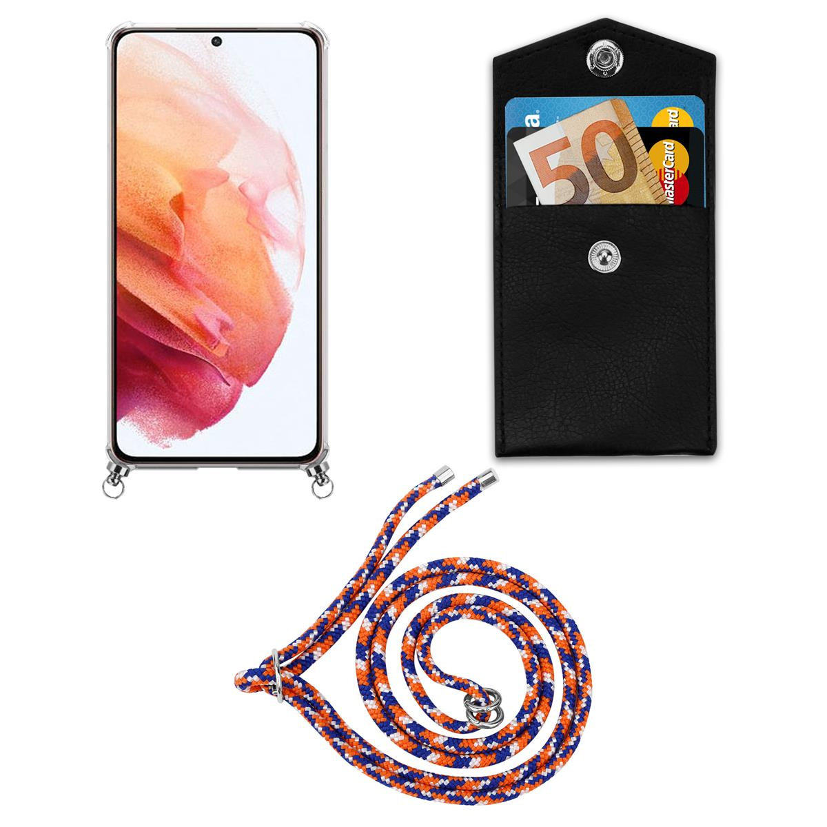 Telefon, Hülle und Lanyard. Telefon zeigt farbenfrohes Design. Hülle ist schwarz. Lanyard ist orange und blau.