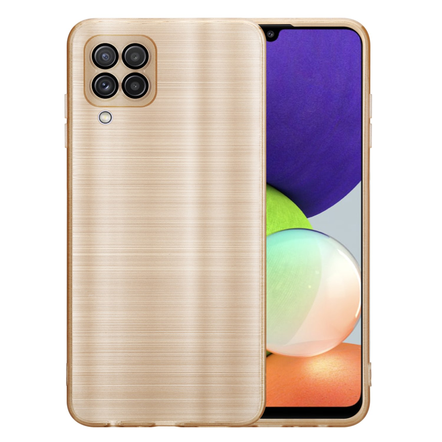 Custodia dorata per telefono con retro strutturato, quattro lenti della fotocamera e schermo.