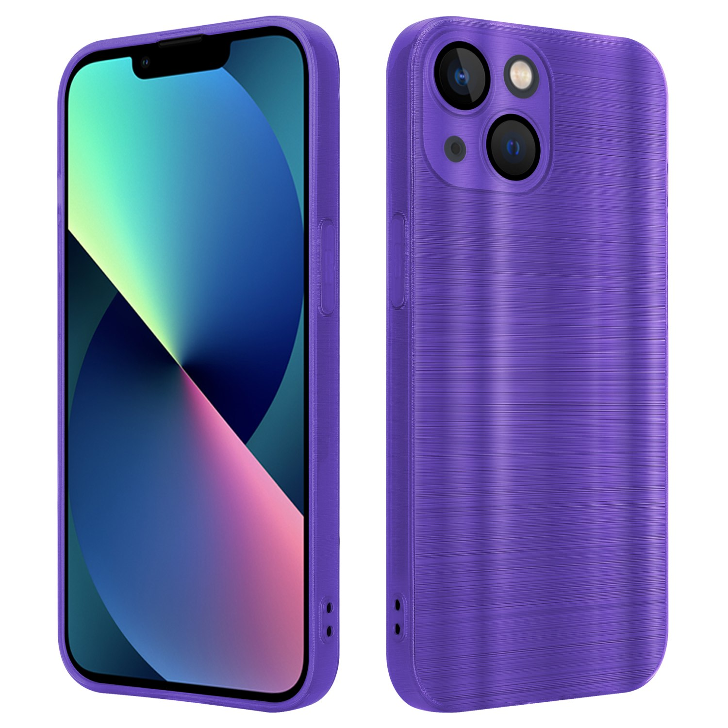 Lila iPhone-Hülle. Die Hülle ist links und die Rückseite rechts, beide mit gebürsteter Textur.