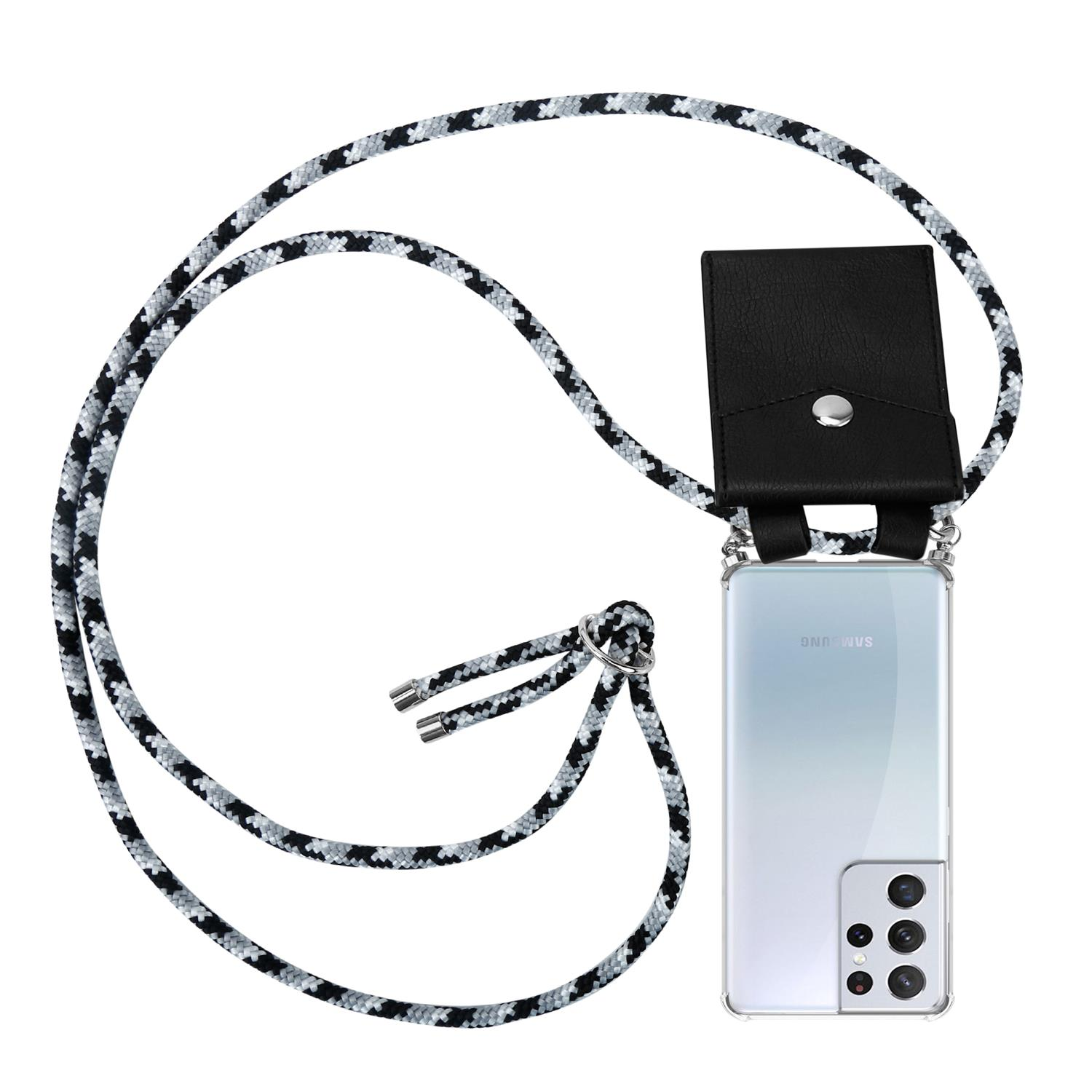 Telefon mit schwarz-weißem Schlüsselband und Kartenhalter.