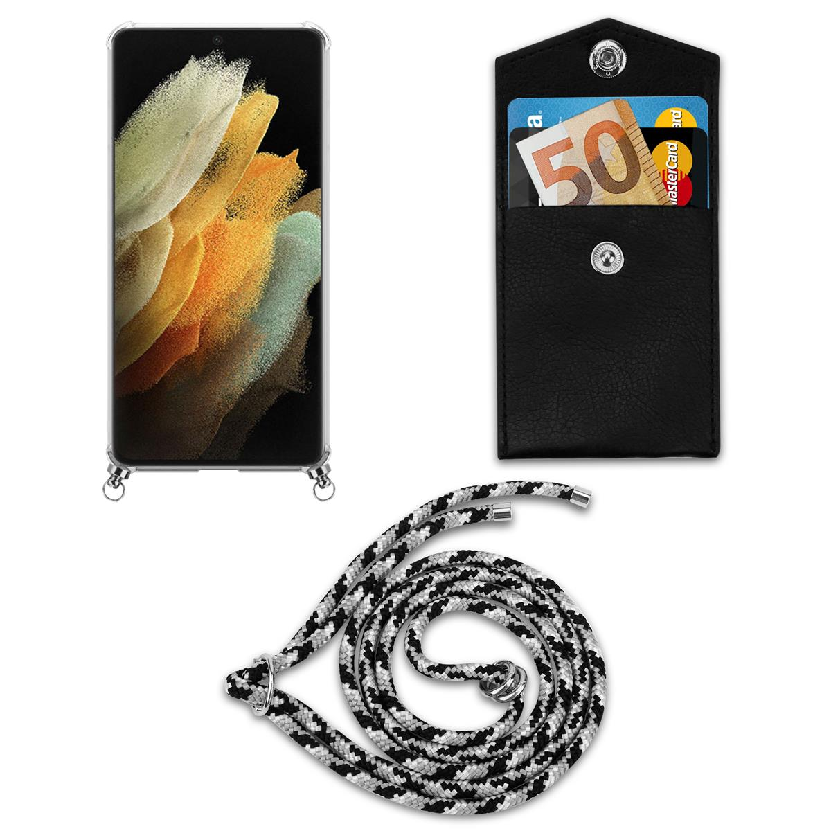 Telefon mit Hülle und Lanyard. Telefon zeigt farbenfrohes Design. Hülle ist schwarz. Lanyard ist schwarz und weiß.