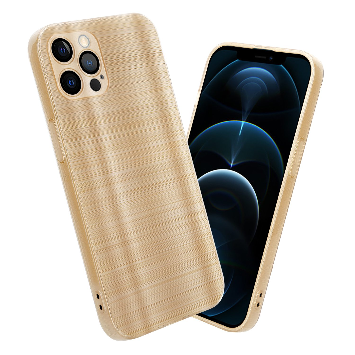 Goldene Handyhülle mit einem Telefon. Ein weiteres Telefon ist im Hintergrund. Beide sind auf weißem Hintergrund.