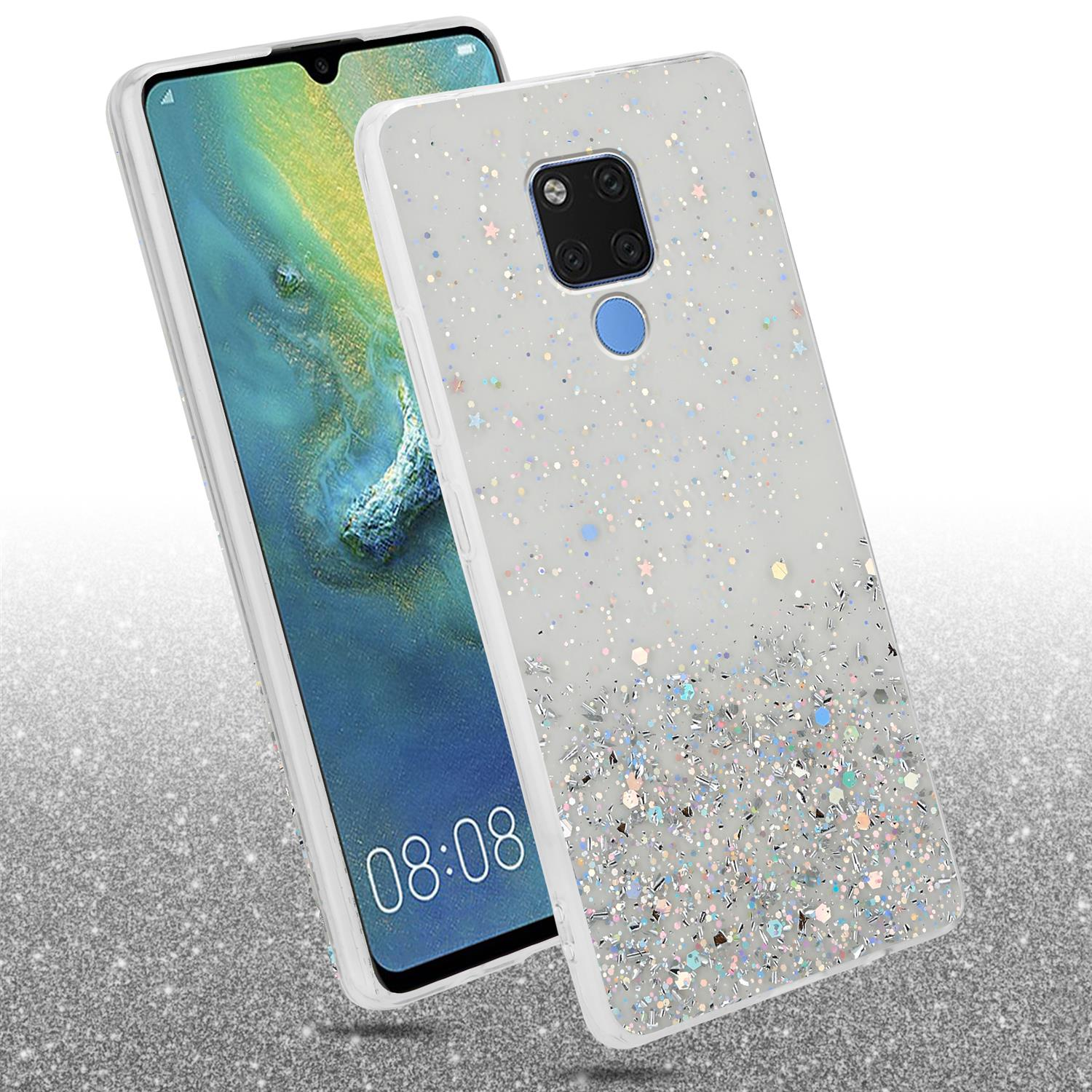 Transparente Handyhülle mit Glitzer. Telefon zeigt 08:08. Glitzernder Hintergrund.