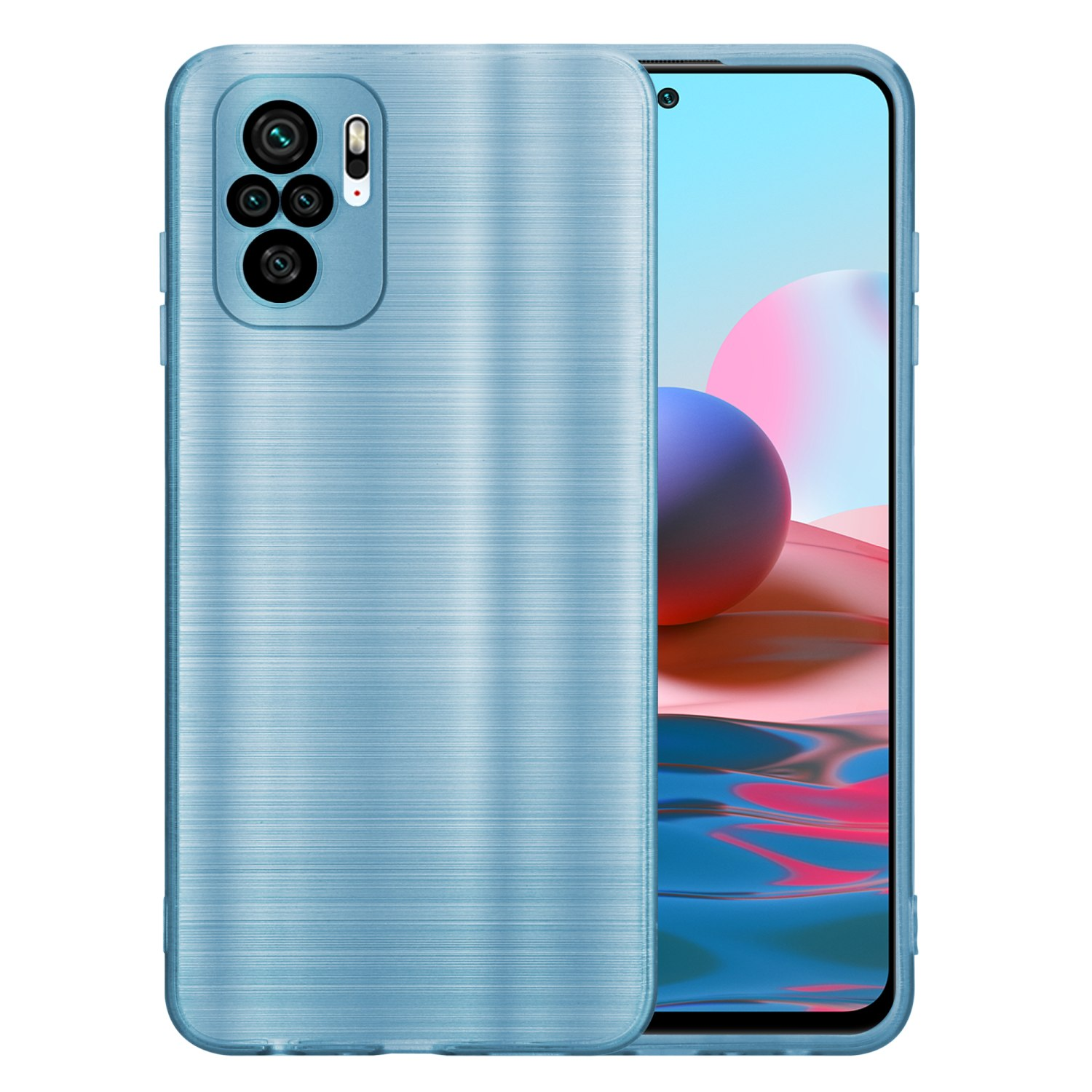 Custodia per telefono blu con superficie strutturata. Il telefono è visibile. Lo sfondo è blu.
