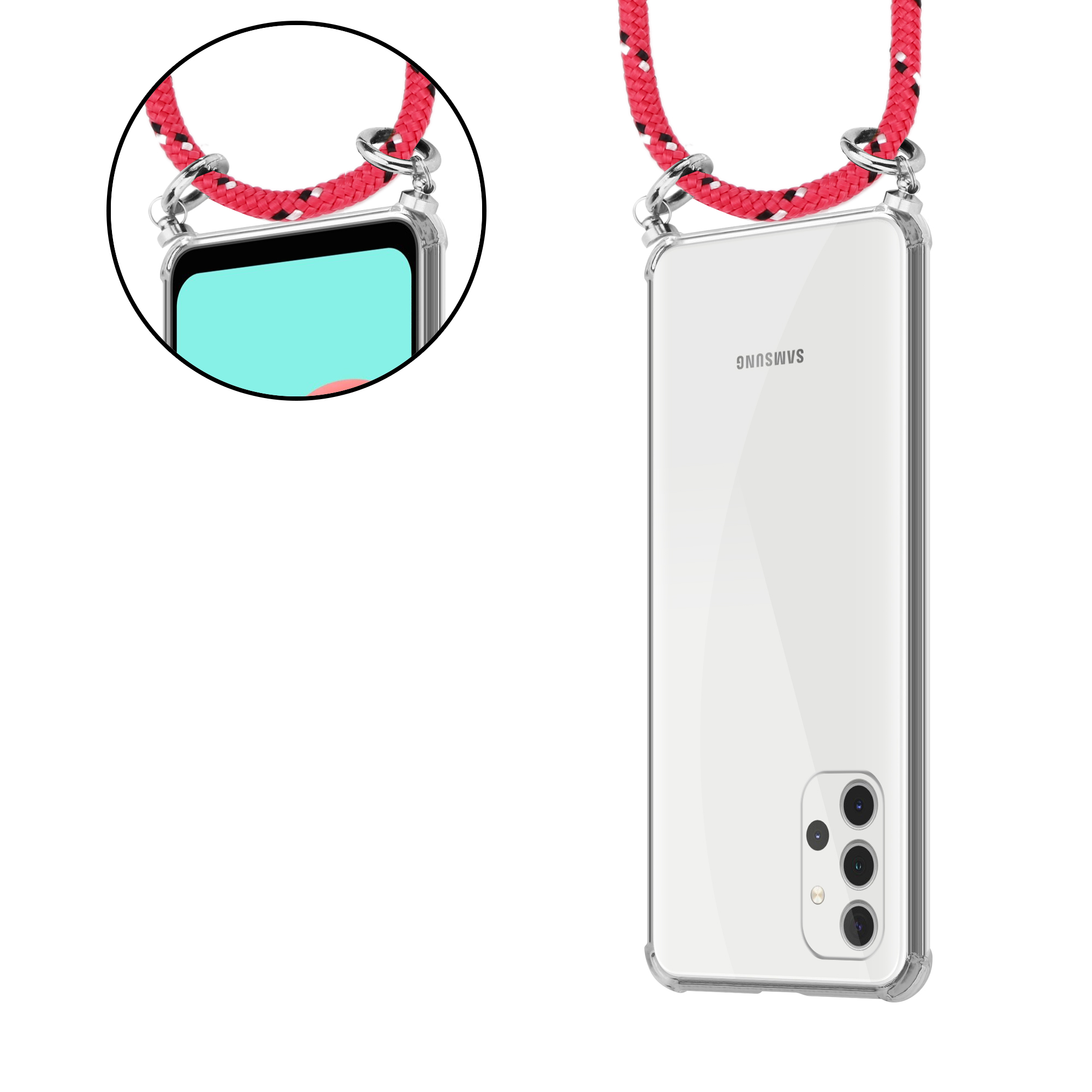 Telefon mit rot-weißem Kordel. Transparente Hülle. Nahaufnahme der Kordel.