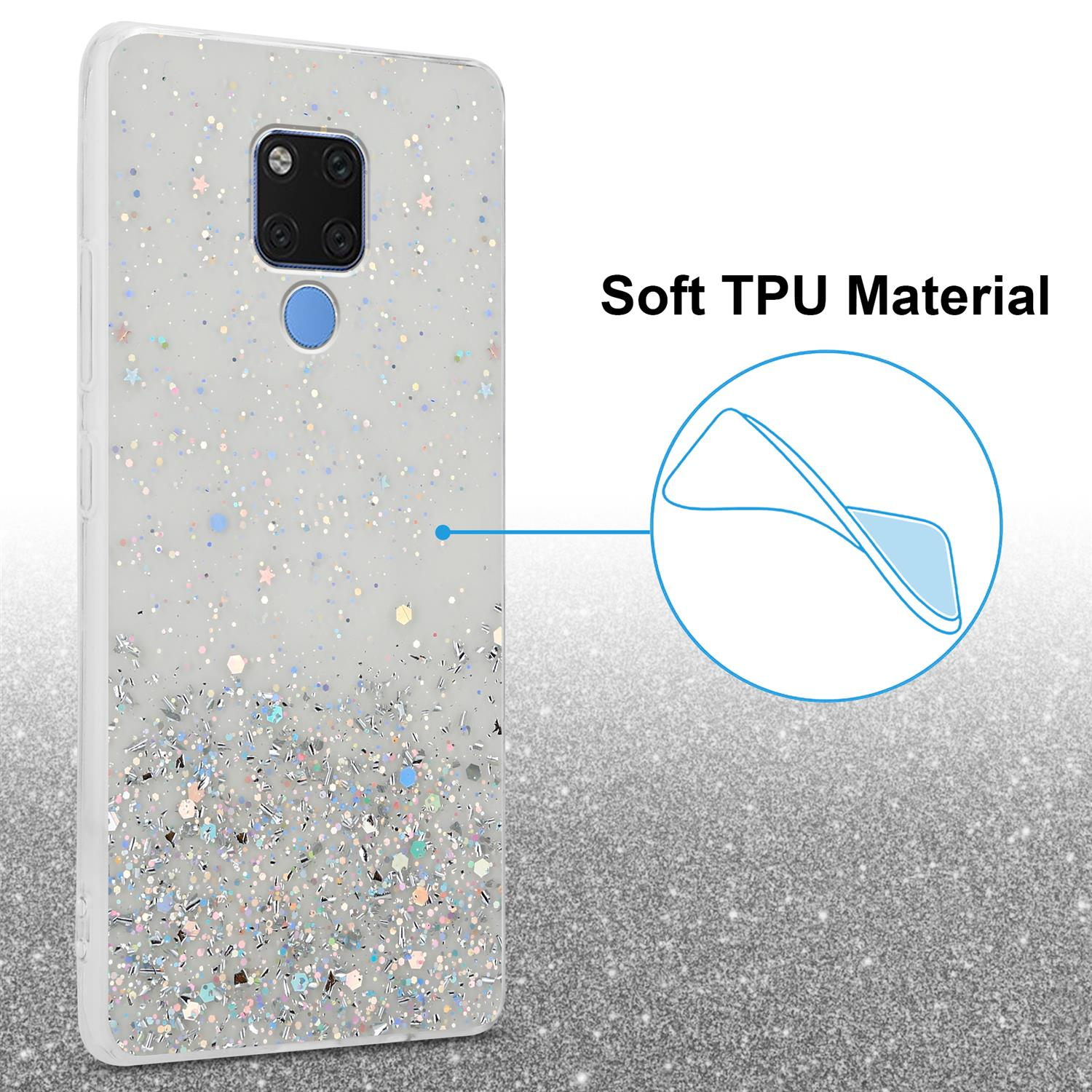 Glitzer-Handyhülle mit Telefon. Text 'Soft TPU Material' rechts sichtbar.