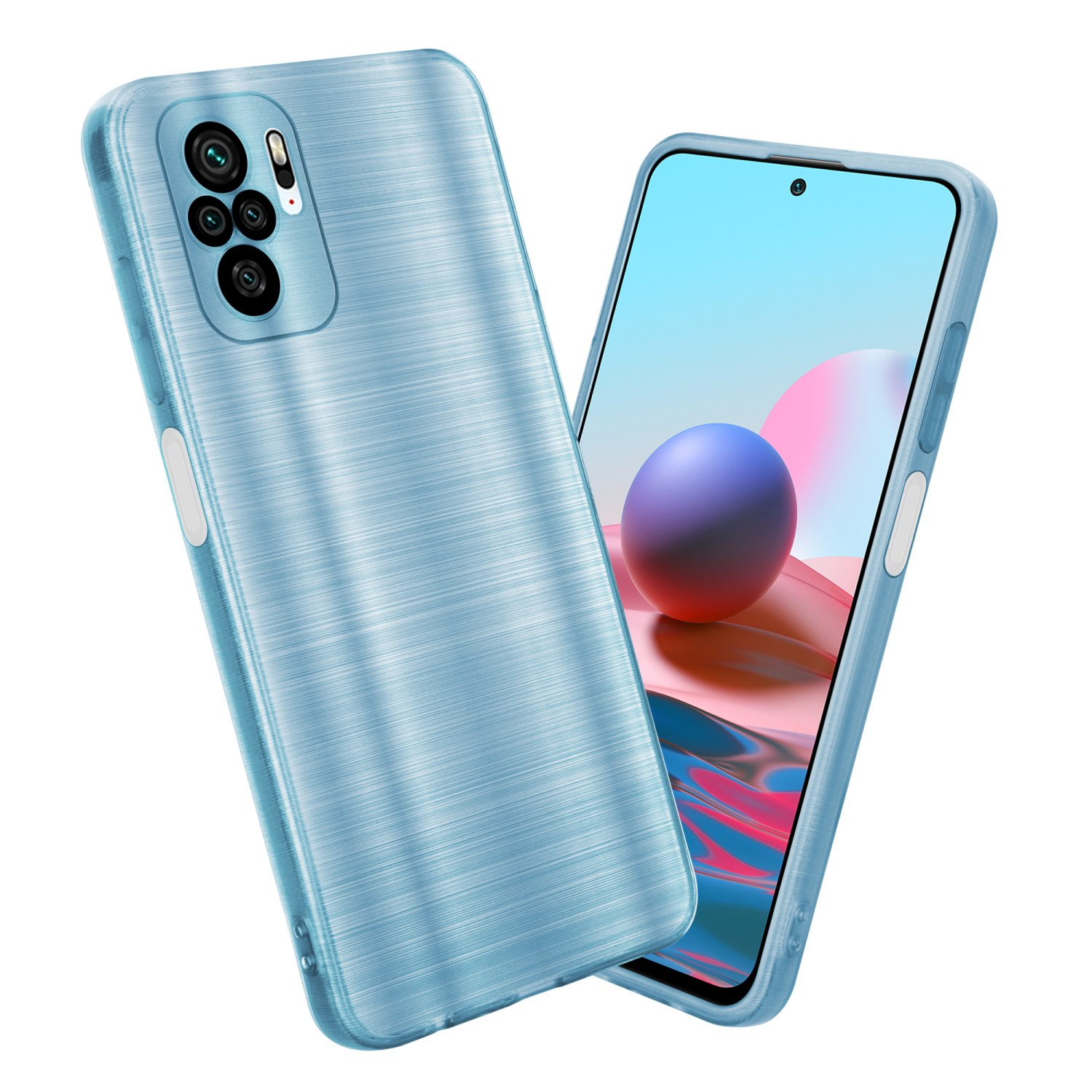 Custodia per telefono azzurro. Un telefono con sfondo azzurro è visibile. La custodia è strutturata.