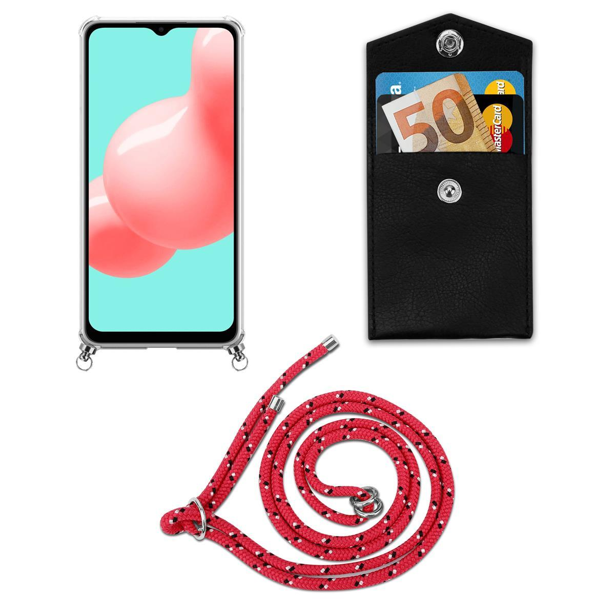 Telefon mit Lanyard, kleines schwarzes Portemonnaie mit Karten und Handyhülle mit Gurt.