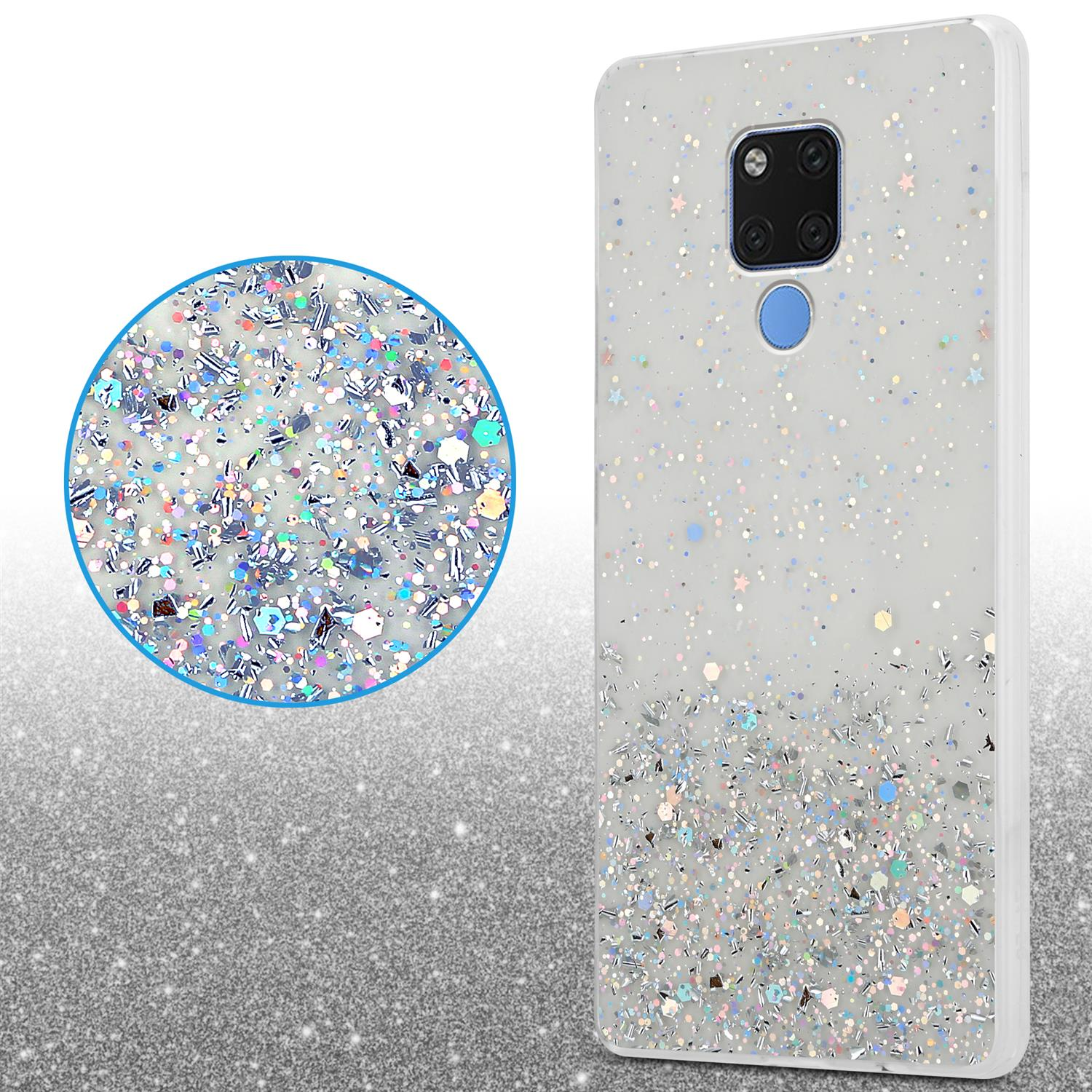 Silberne Glitzer-Handyhülle. Nahaufnahme zeigt die Glitzerdetails. Die Hülle befindet sich auf einer silbernen Oberfläche.