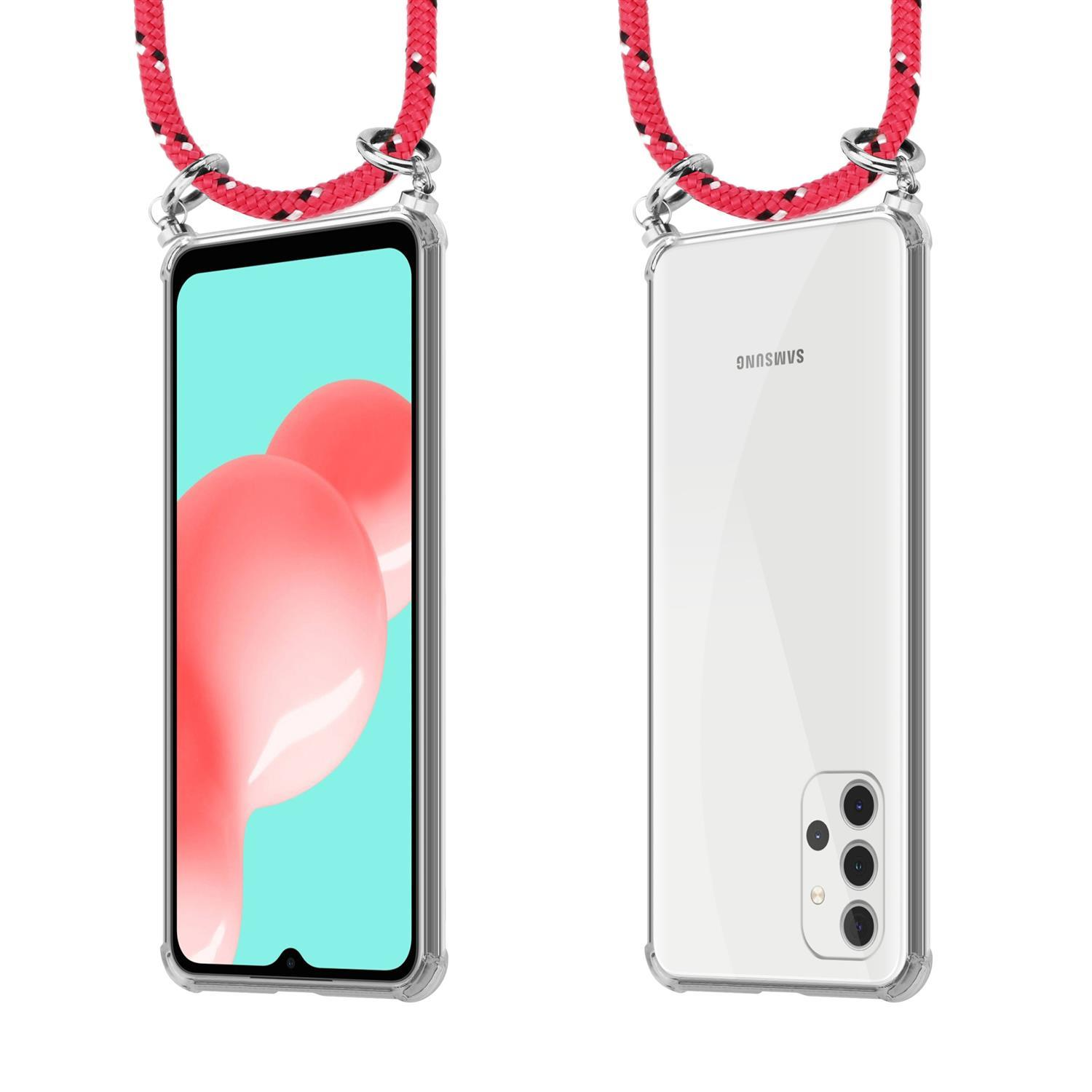 Transparente Handyhülle mit rotem Lanyard. Telefon zeigt rosa abstrakte Formen. Seitenansicht des Telefons.