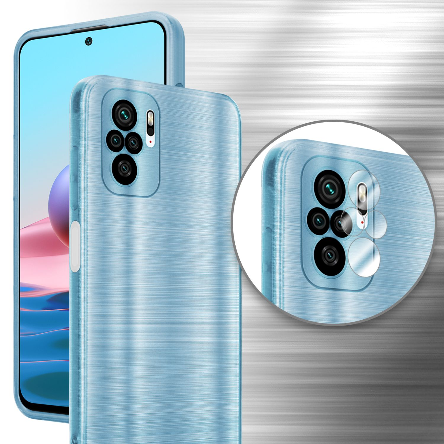 Custodia blu chiaro con texture metallo spazzolato, mostra i dettagli del telefono e della fotocamera.