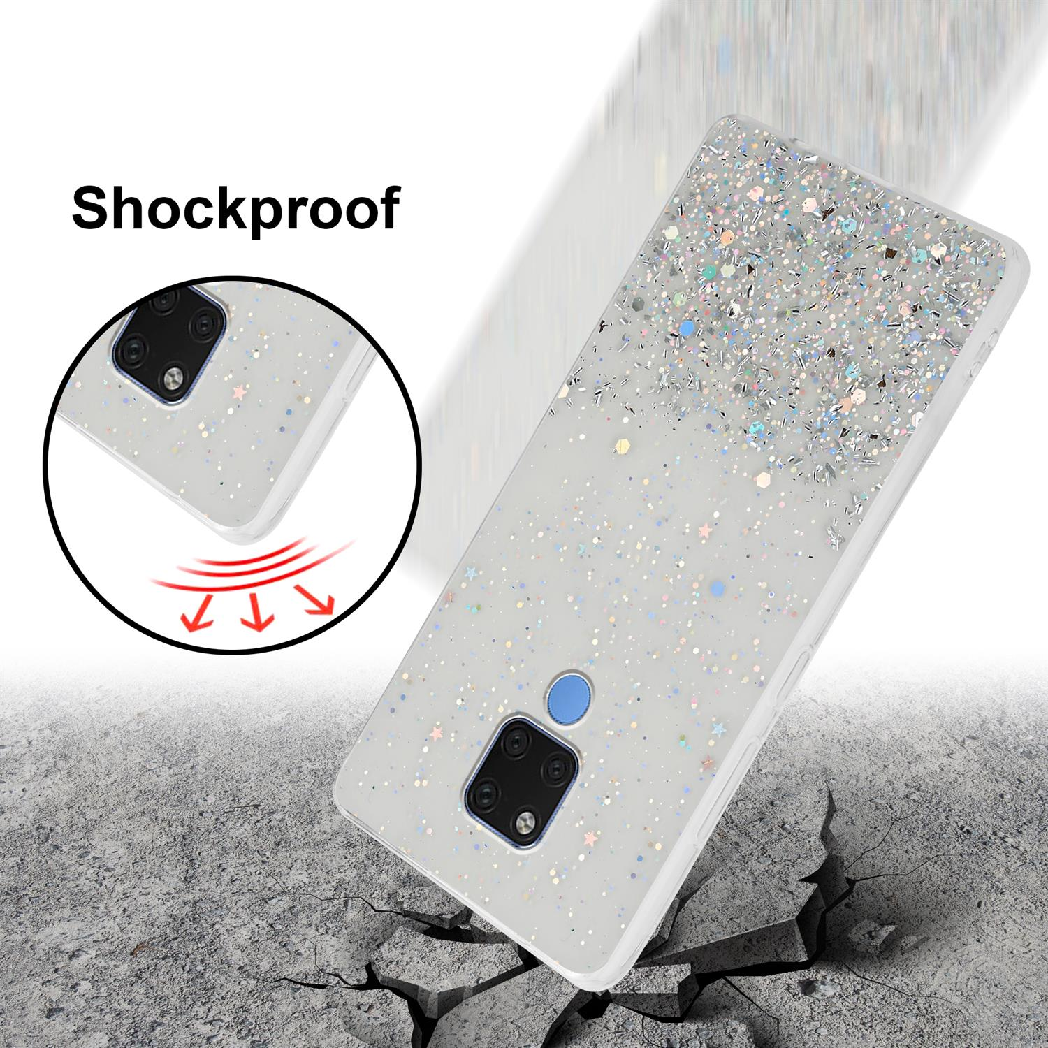 Eine weiße Handyhülle auf einer zerbrochenen Oberfläche. Die Hülle hat ein Glitzerdesign, mit Pfeilen.