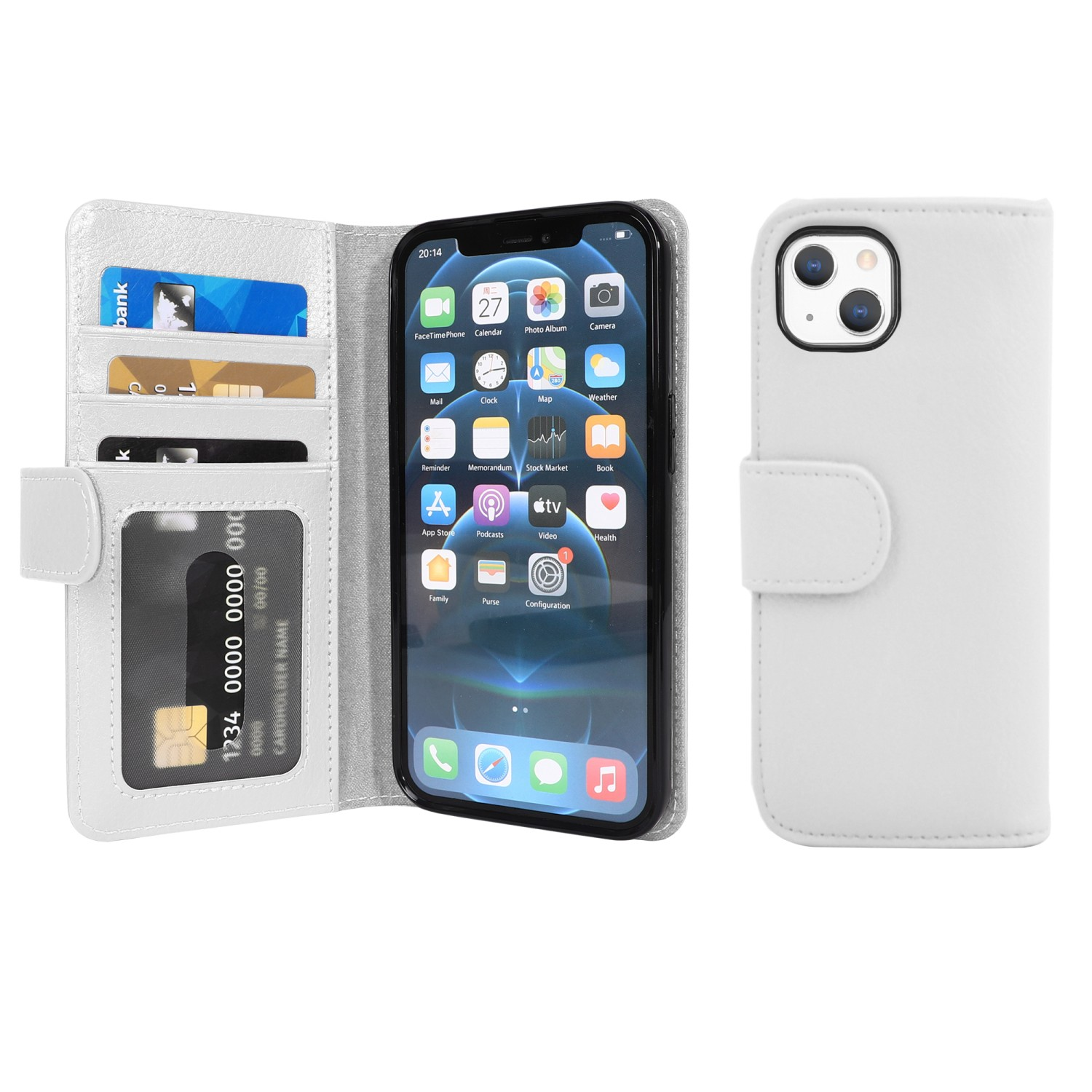 Weiße Telefon-Brieftaschenhülle, offen mit Karten und Telefon. Das Telefon ist rechts. Weißer Hintergrund.