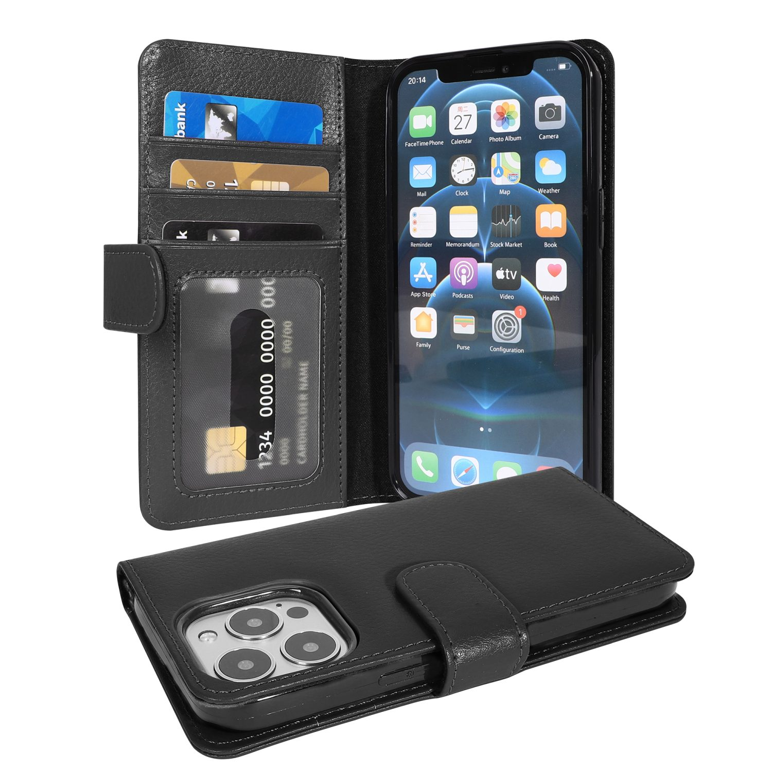 Schwarze Leder-Handyhülle mit Telefon, Kreditkarten und Bildschirm mit App-Symbolen.