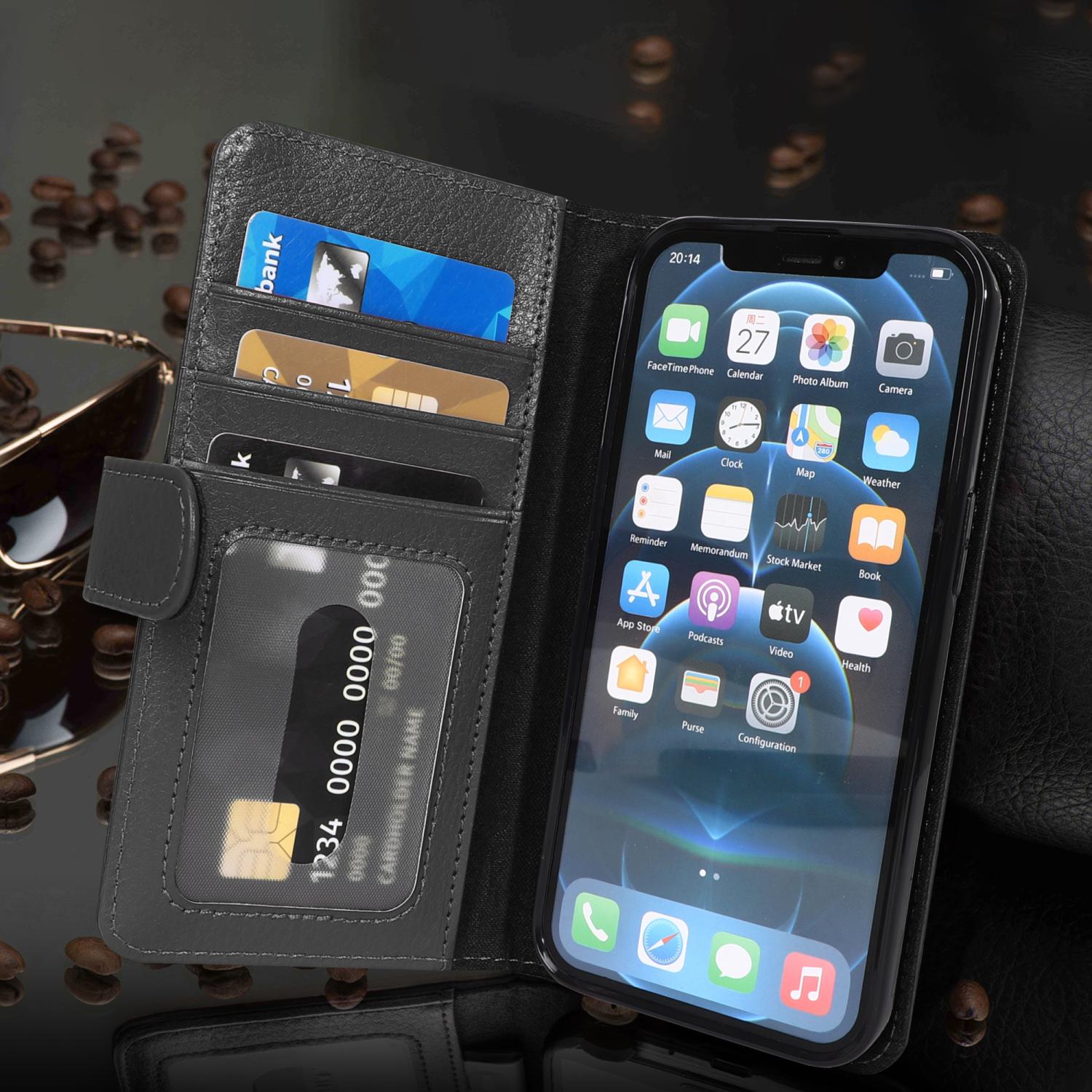 Schwarzes Telefon-Brieftaschenetui, geöffnet, zeigt ein Telefon und Kartenfächer. Karten in den Fächern. Hintergrund: Kaffeebohnen und Sonnenbrille.