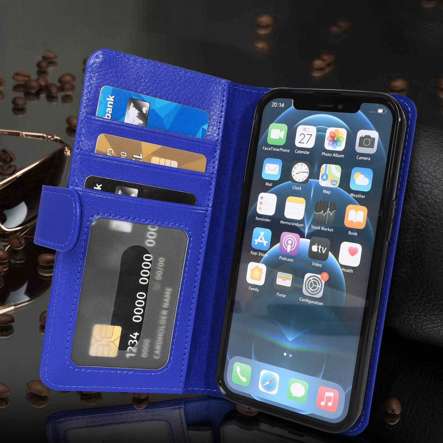 Blaue Handyhülle, offen. Telefonbildschirm mit App-Symbolen. Kreditkarten innen.