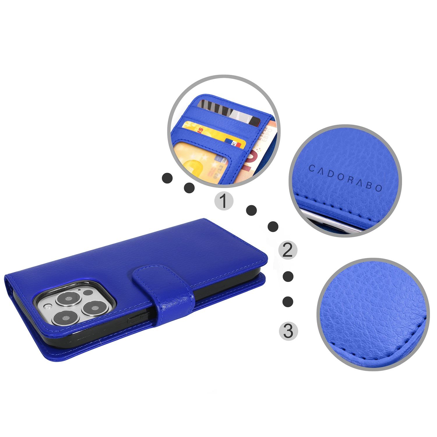 Blaue Leder-Handyhülle mit Kreditkartenfächern. Nahaufnahme der Details.