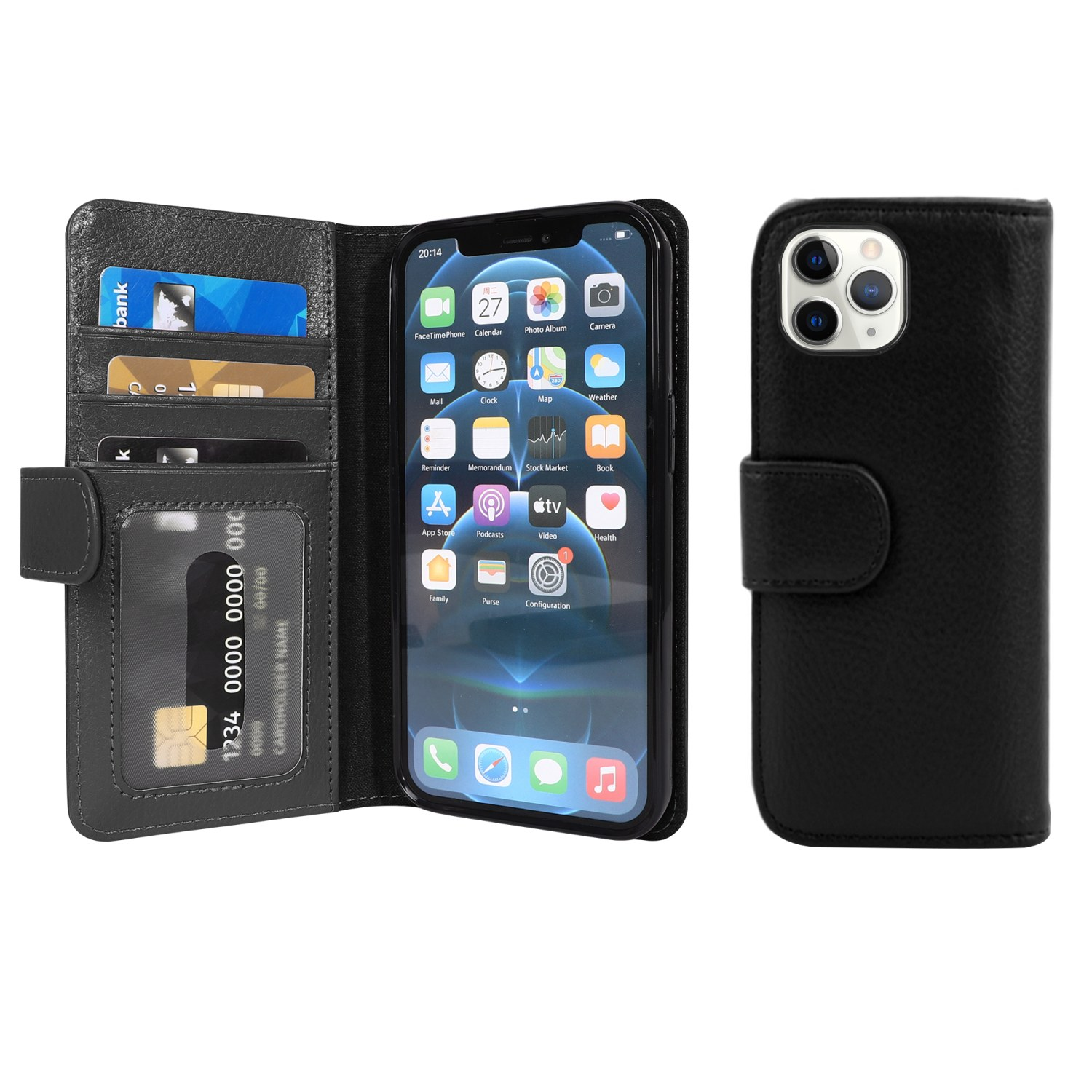 Eine schwarze Handyhülle mit Portemonnaie-Design, zeigt Karten und ein Telefon darin.