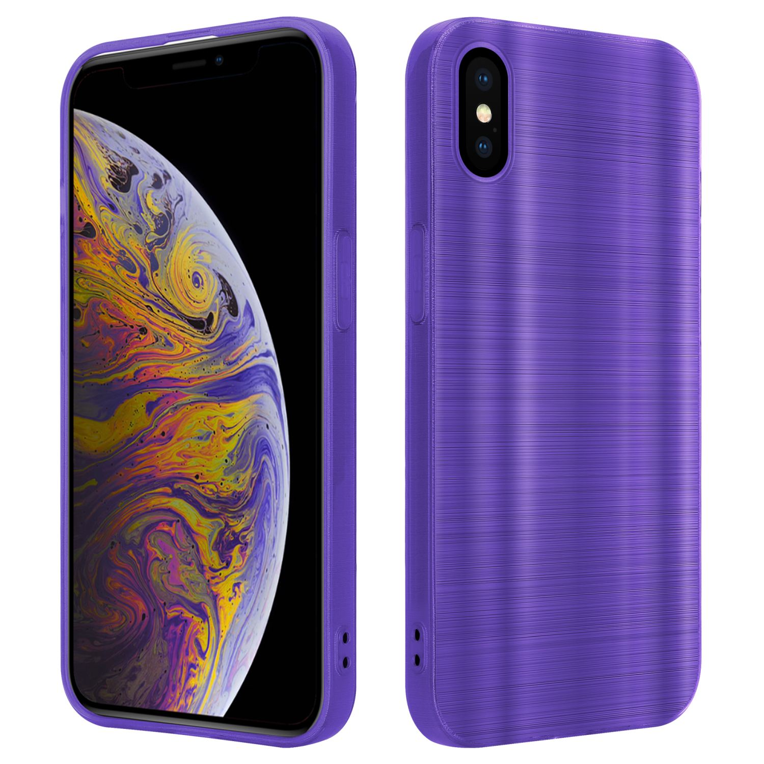 Lila Handyhülle mit gebürsteter Metallstruktur, zeigt ein Telefon auf weißem Hintergrund.
