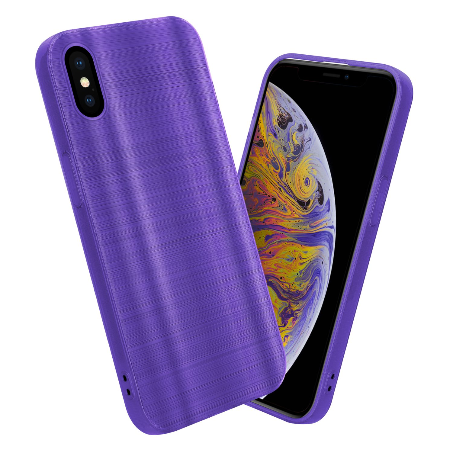 Lila Handyhülle. Telefon in Hülle. Telefon ist lila. Nahaufnahme der Handykamera.