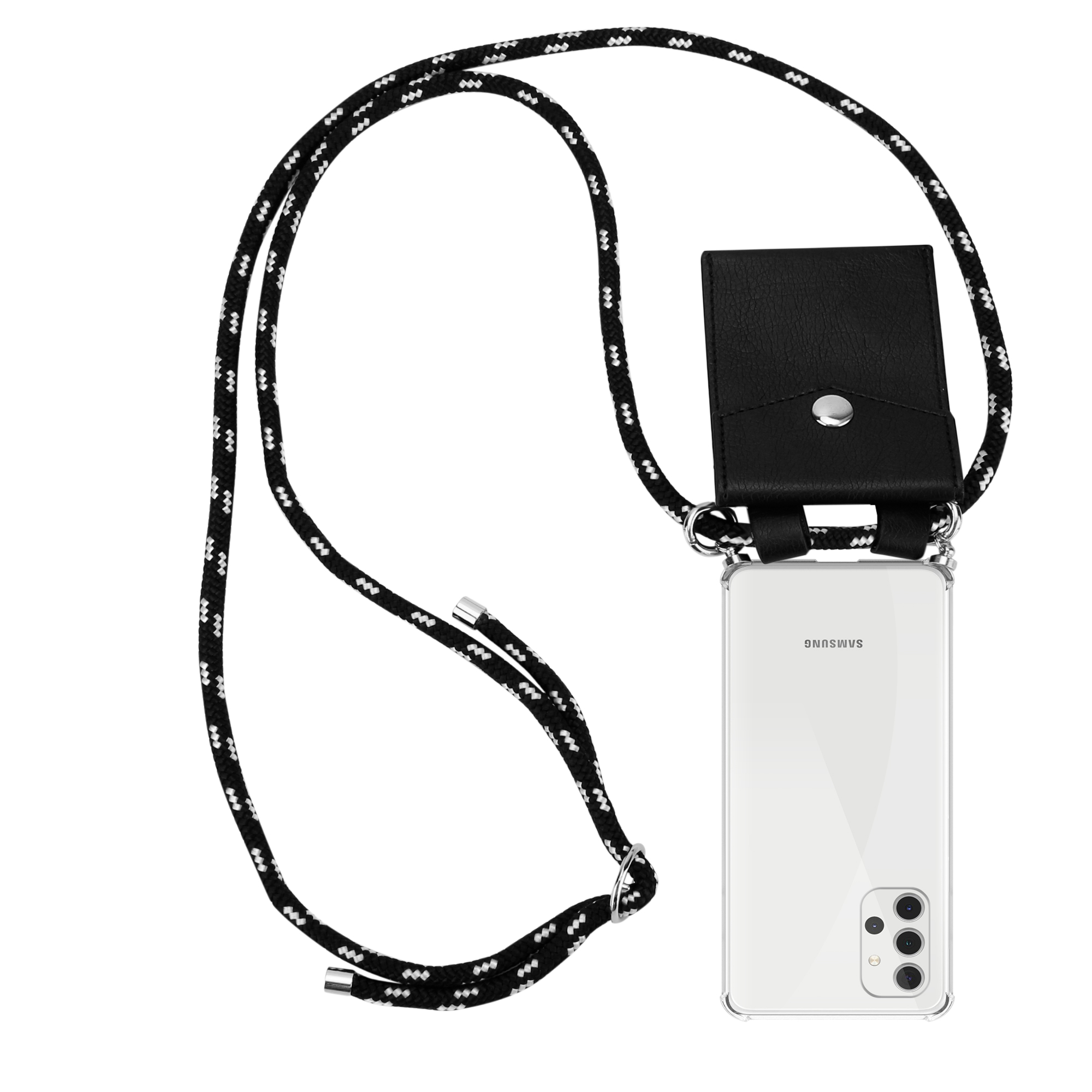 Telefon mit schwarz-weißem Lanyard, schwarzem Lederetui und Seil. Samsung-Telefon ist im Lanyard.