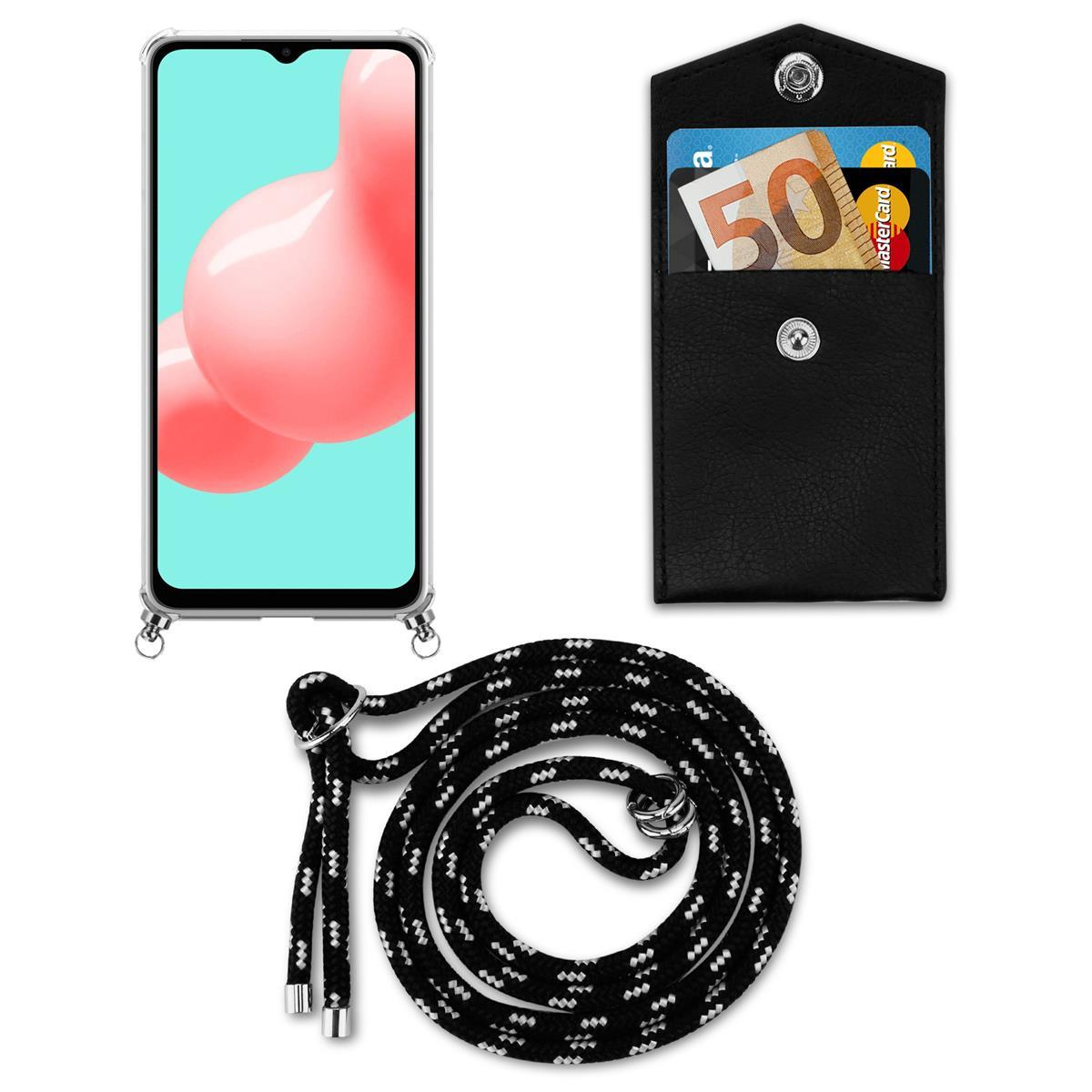 Telefon in einer Hülle mit Lanyard. Karten und Bargeld in der Hülle sichtbar.
