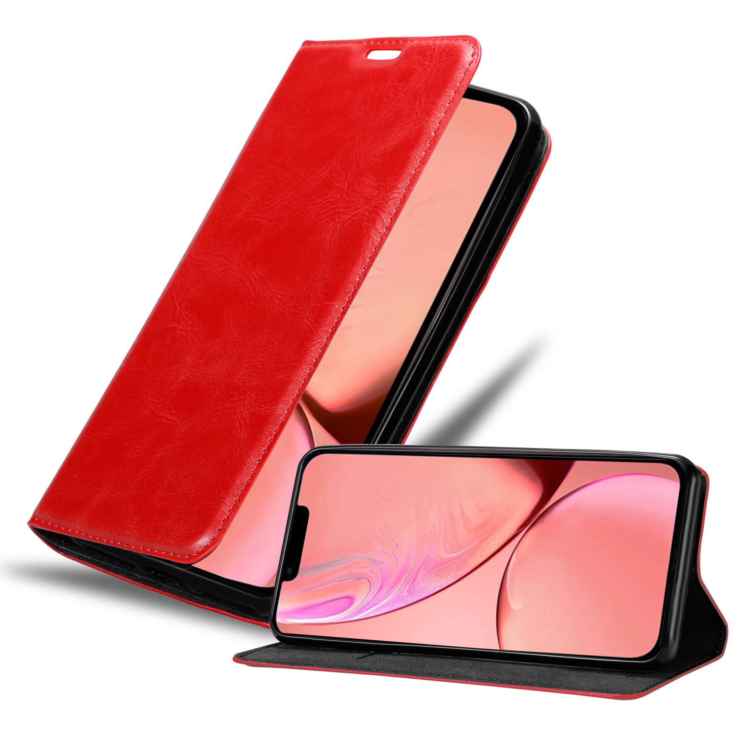 Rote Leder-Handyhülle. Eine Ansicht geöffnet, das Telefon zeigend. Eine andere geschlossen.