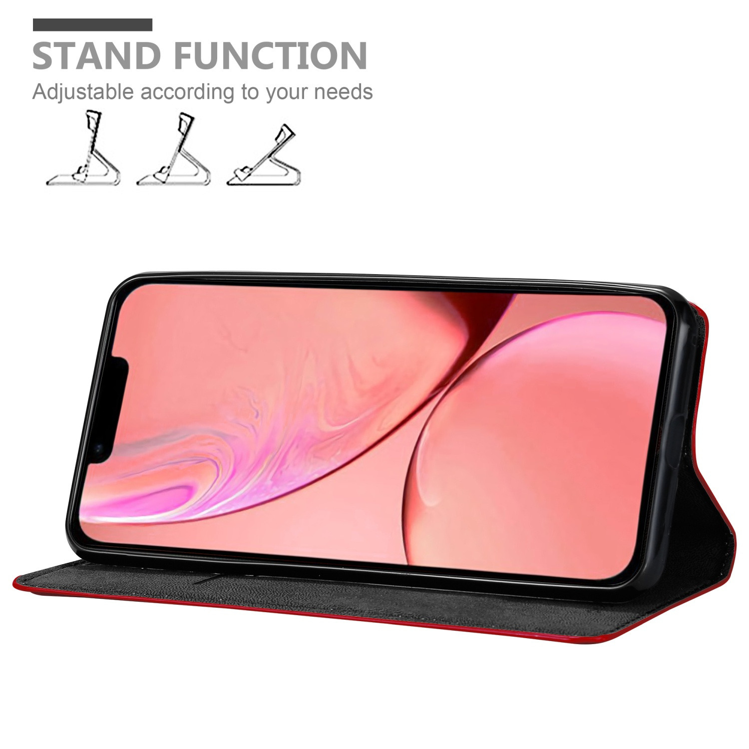 Ein Telefon in einer roten Hülle, geöffnet, um einen roten Innenraum und den Bildschirm des Telefons zu zeigen.