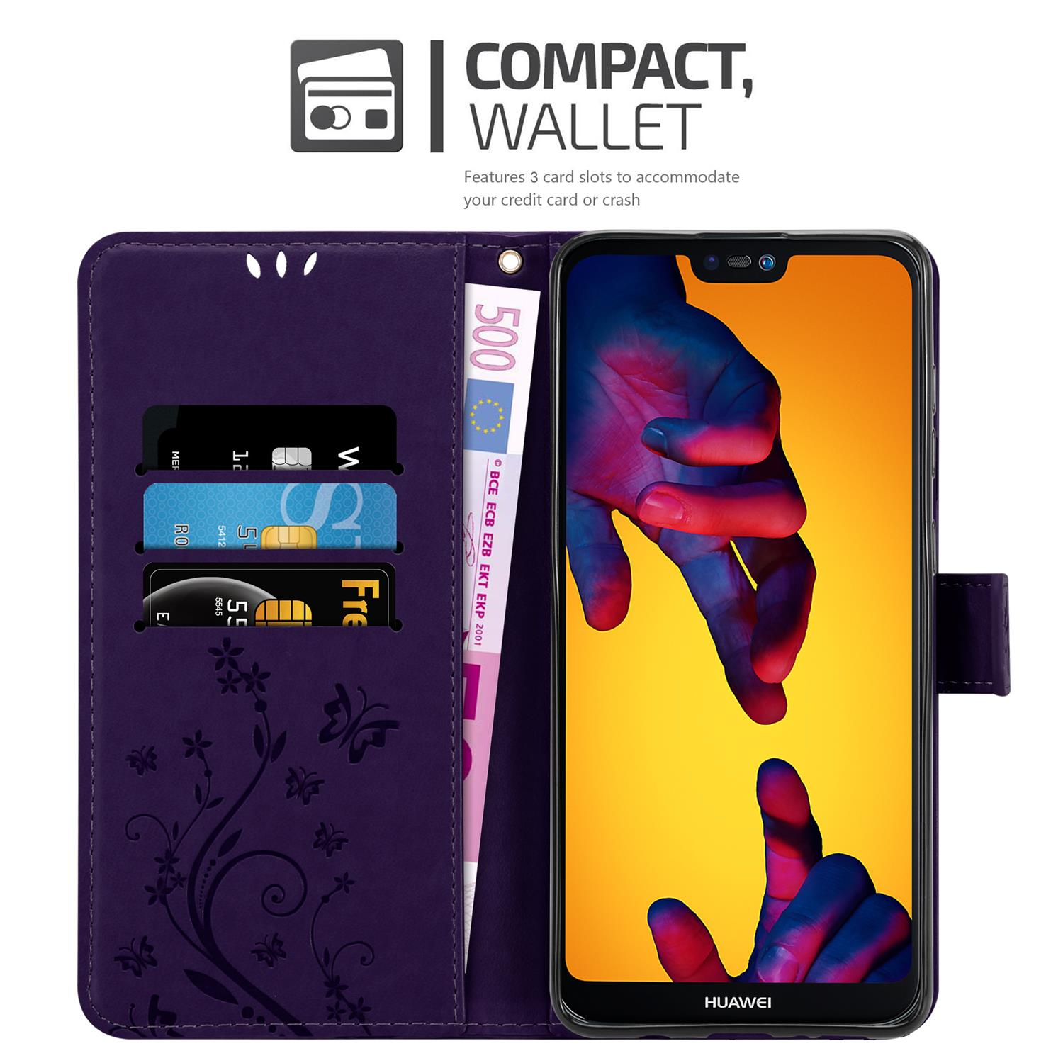 Custodia a portafoglio per telefono viola con carte e banconota. Lo schermo del telefono mostra un'immagine colorata.