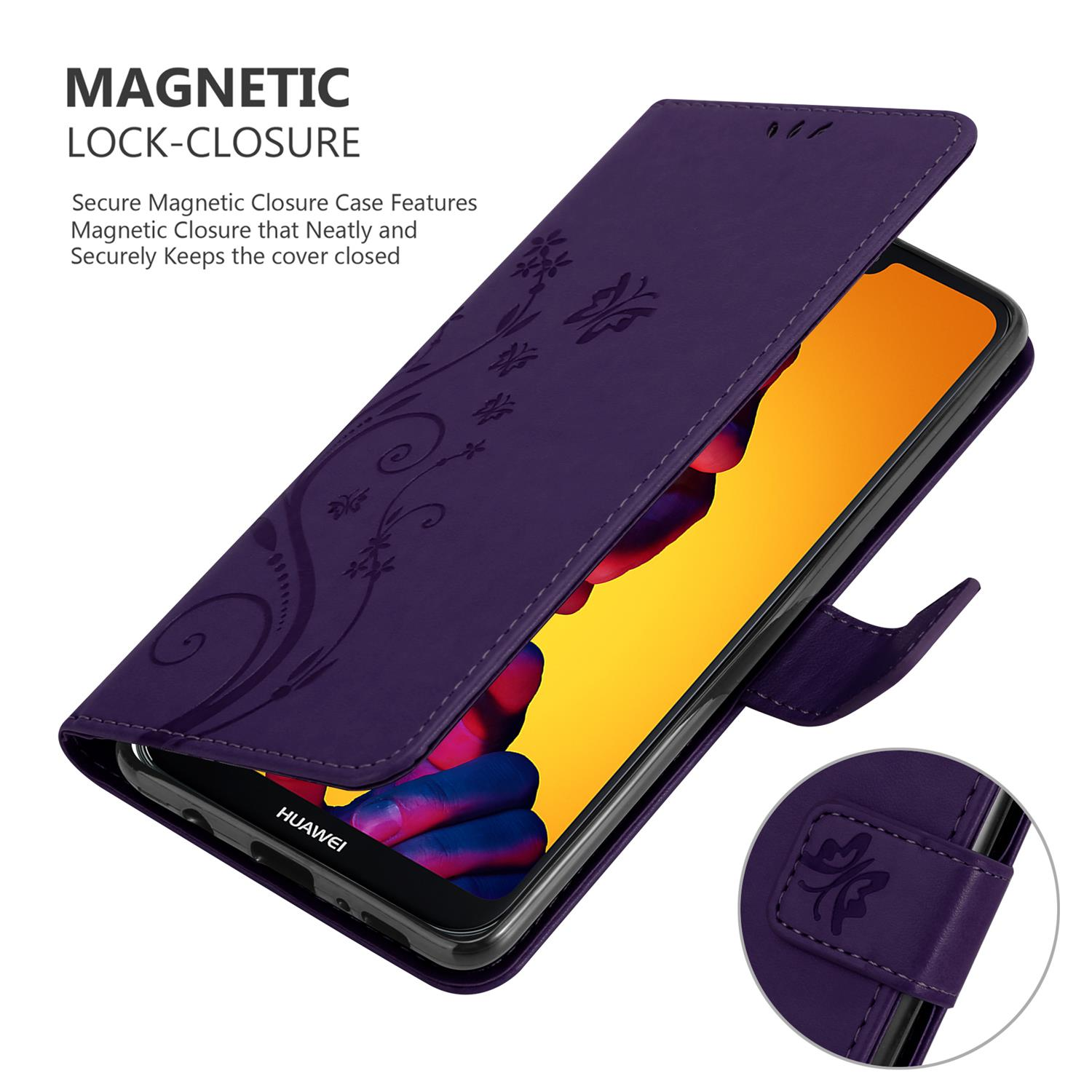 Custodia per telefono viola floreale, aperta che mostra il telefono. Chiusura magnetica e dettagli floreali.
