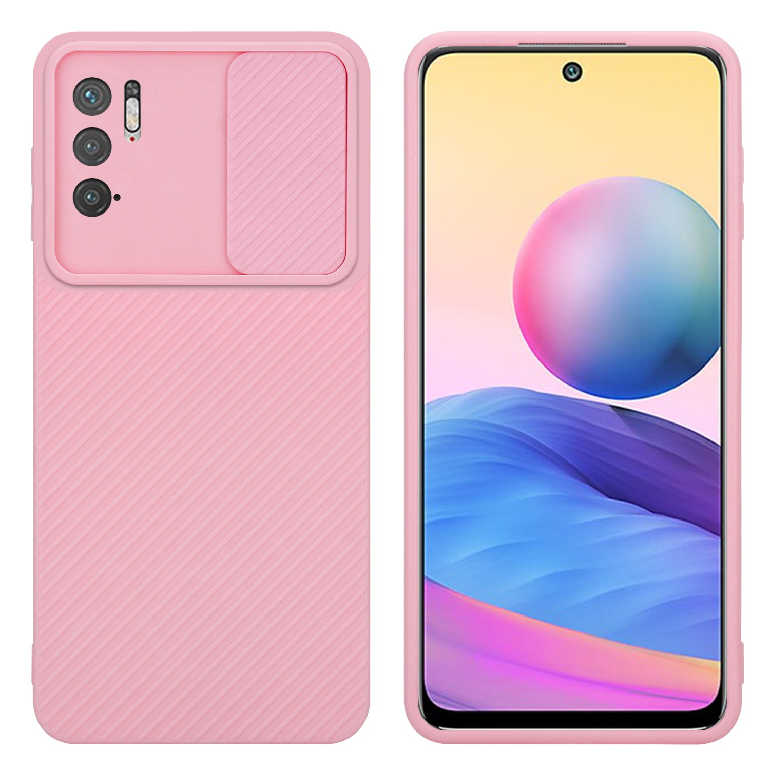 Rosa Handyhülle mit Kameraabdeckung. Das Telefon zeigt eine bunte Landschaft. Die Hülle hat eine Textur.