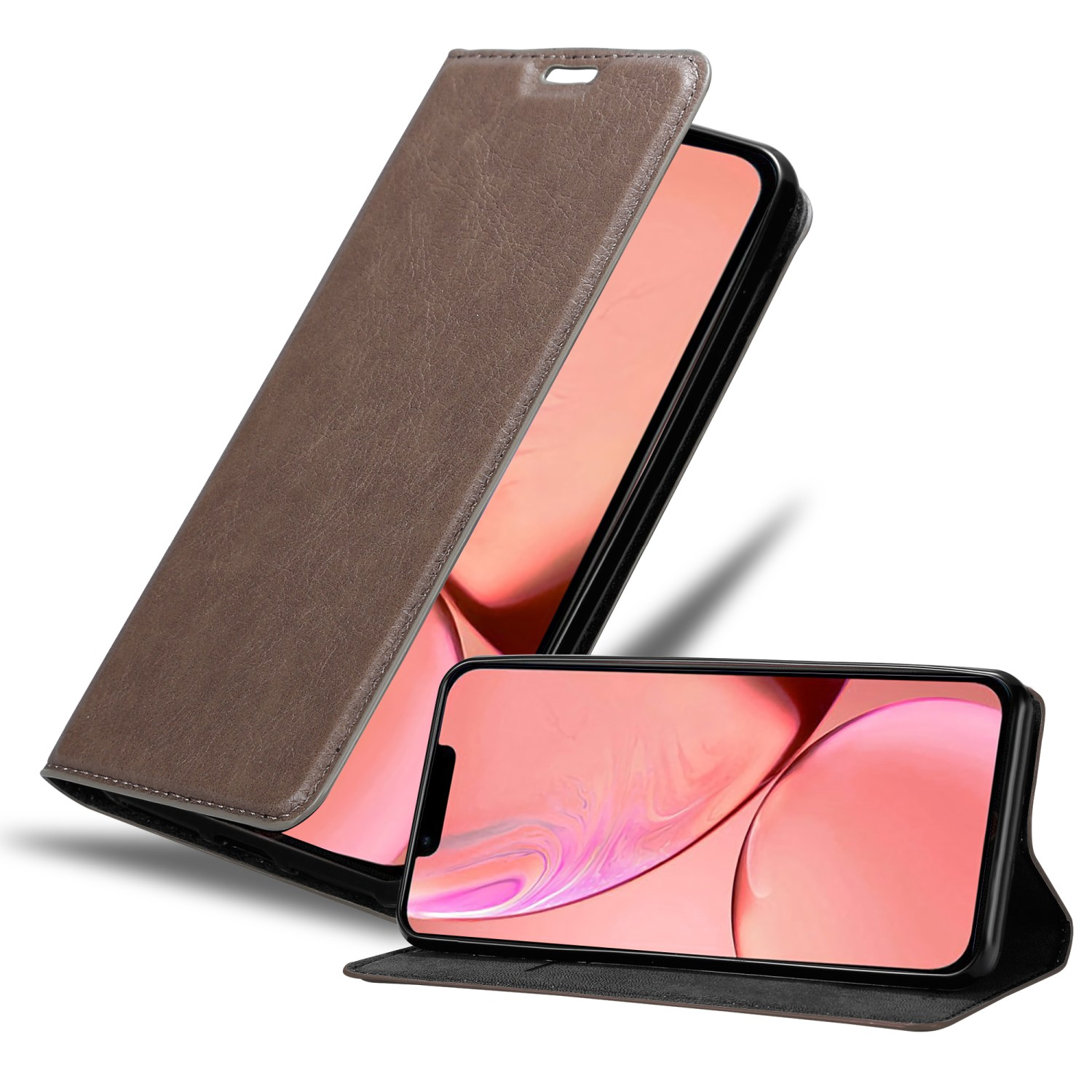 Geöffnete braune Handyhülle und ein Telefon mit pinkfarbenem Bildschirm.