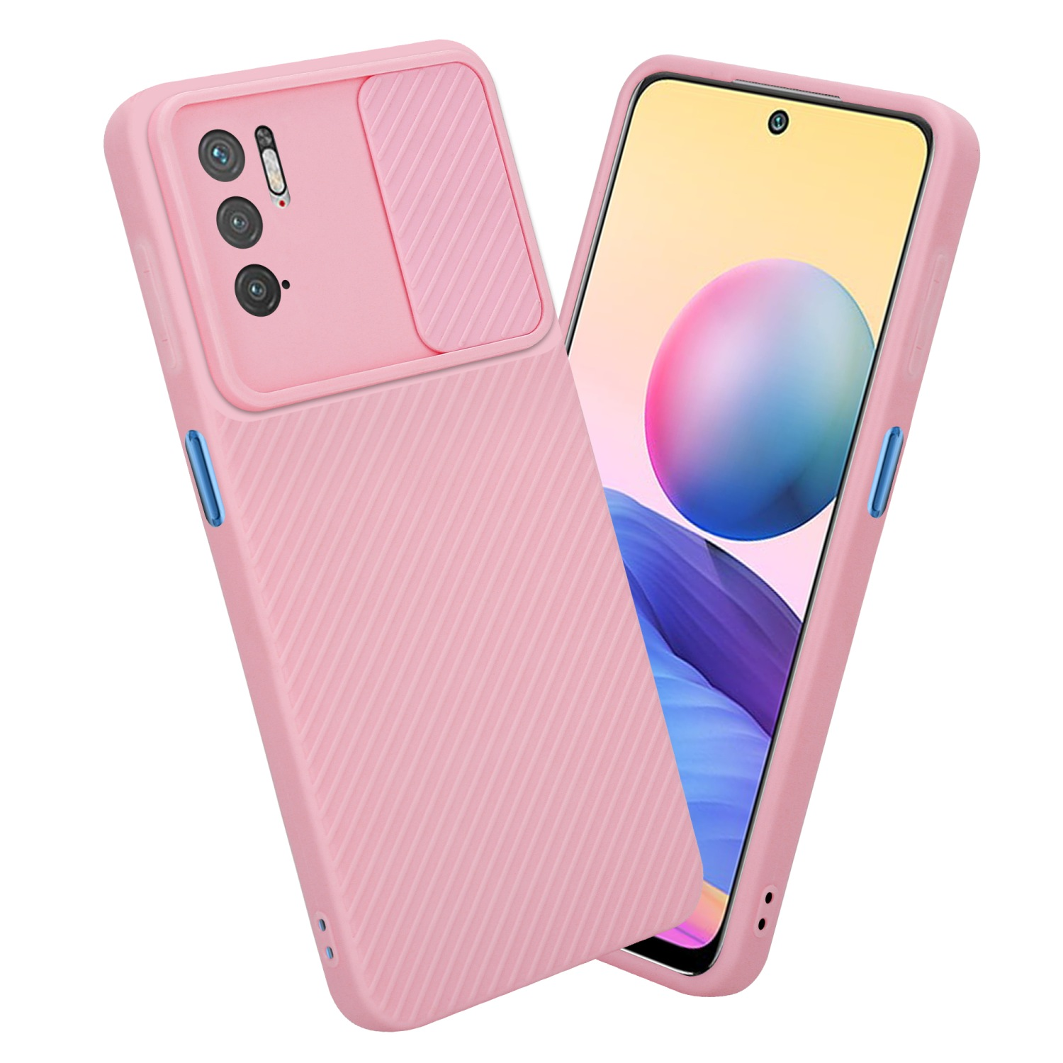 Rosa Handyhülle mit Kameraabdeckung und Telefon im Inneren.