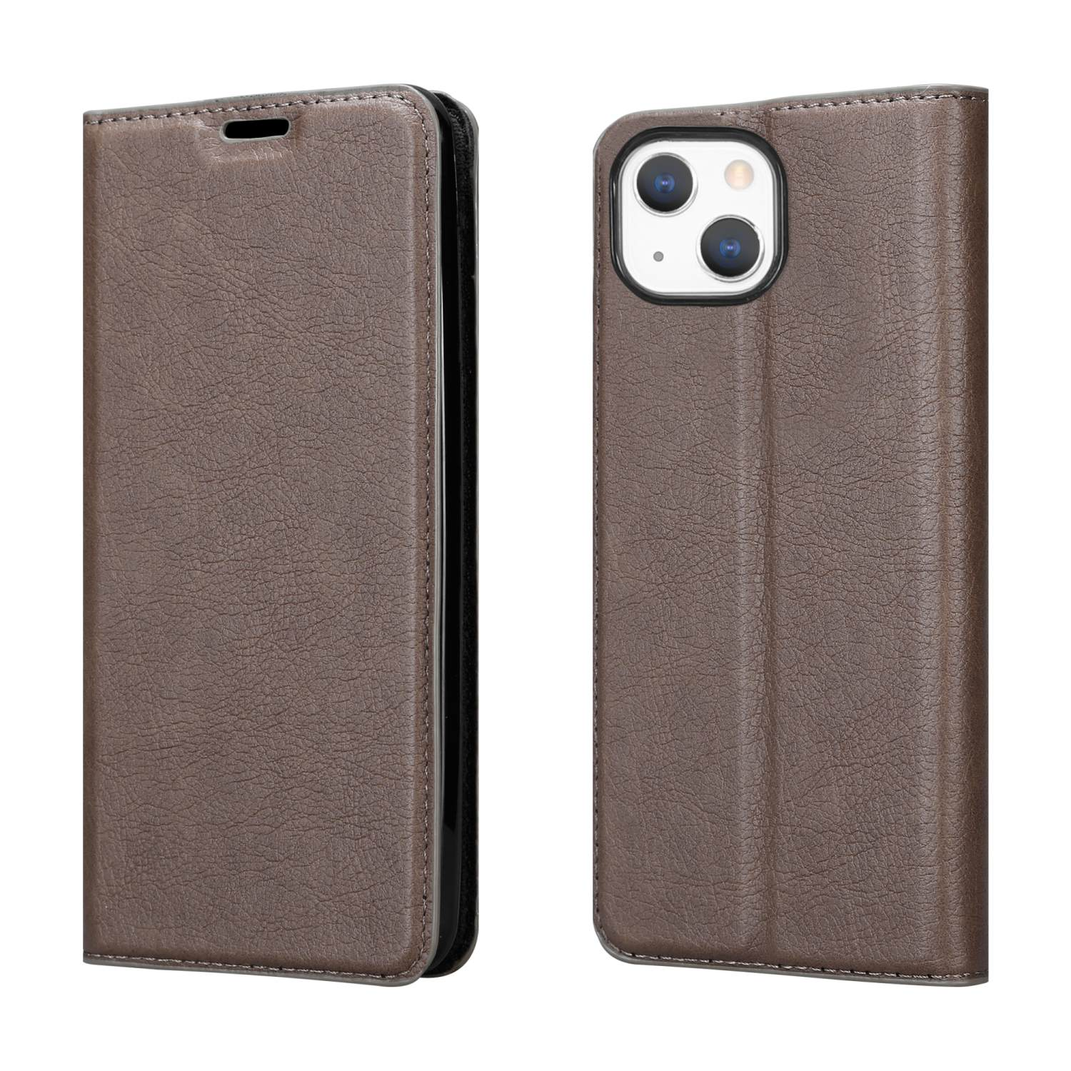 Eine braune Leder-Handyhülle, geöffnet, um das Telefon zu zeigen. Die Hülle hat einen Magnetverschluss.
