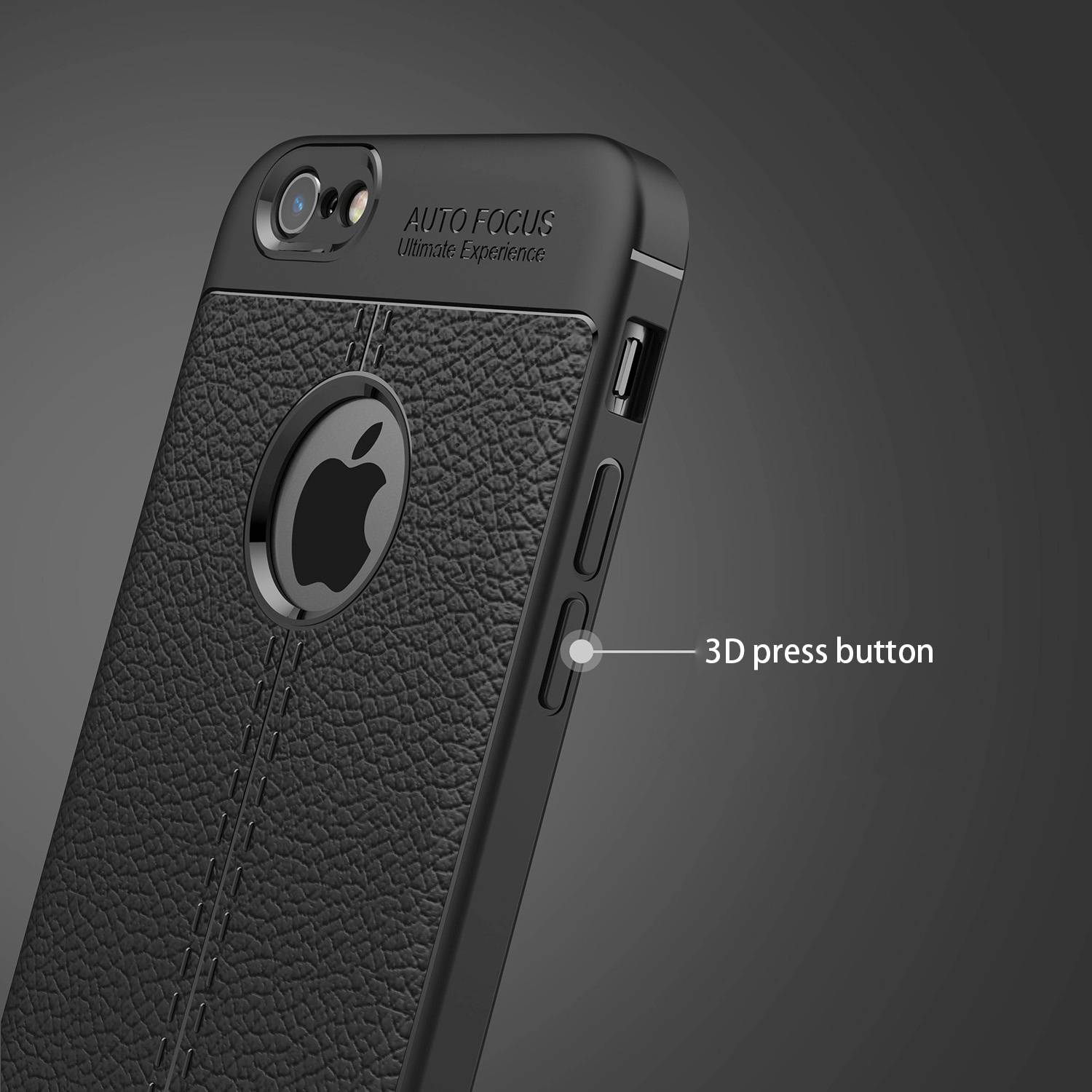 Schwarze Handyhülle mit Apple-Logo und Details an den Seiten mit 3D-Druckknopf.