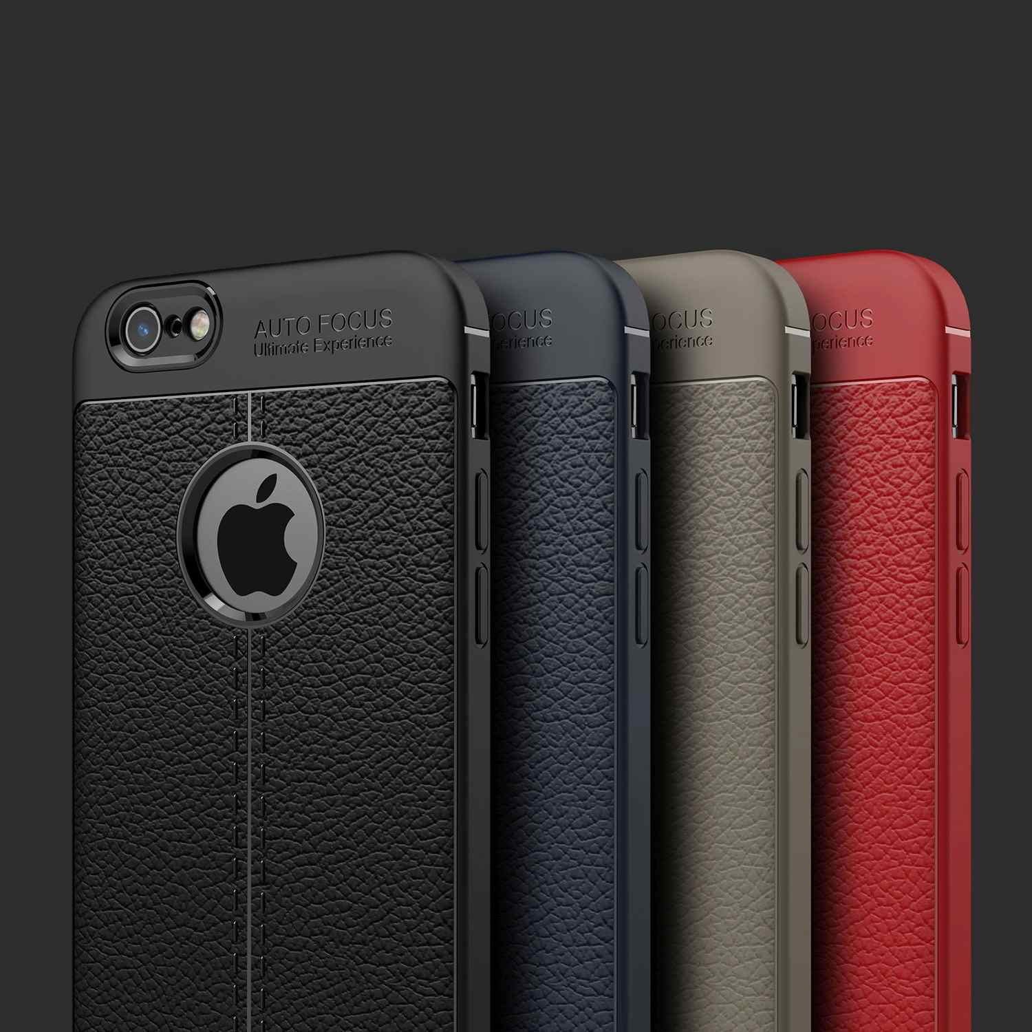Vier Leder-Handyhüllen in verschiedenen Farben. Das Apple-Logo ist auf der schwarzen Hülle sichtbar.
