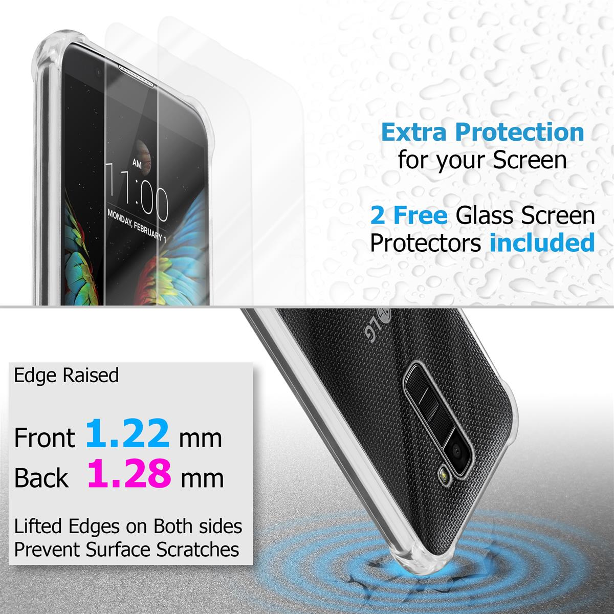 Due protezioni schermo trasparenti su un telefono. Testo: Protezione extra per il tuo schermo. 2 protezioni incluse.