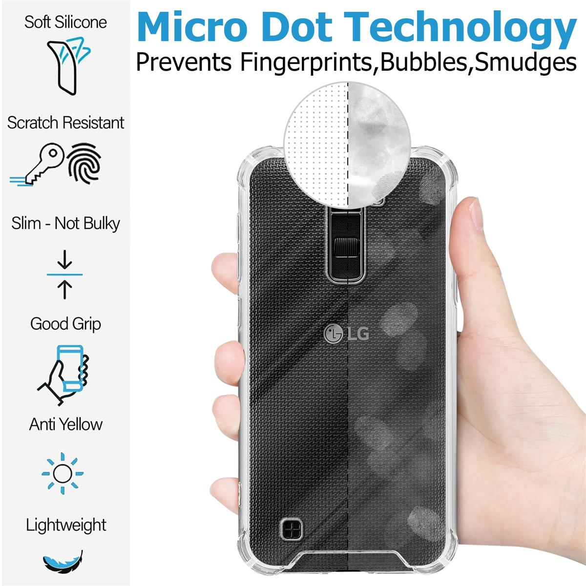 Custodia trasparente per telefono con una mano che la tiene, che mostra i dettagli della tecnologia micro dot a sinistra.