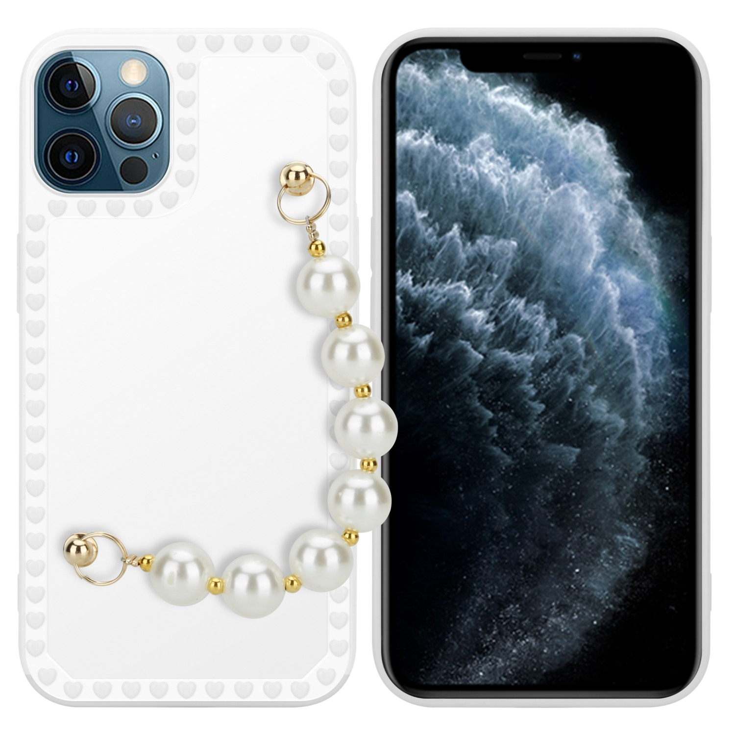 Apple, iPhone Schutzhülle Handgelenk Kette, mit Perlen Backcover, 12 PRO, CADORABO Weiß mit