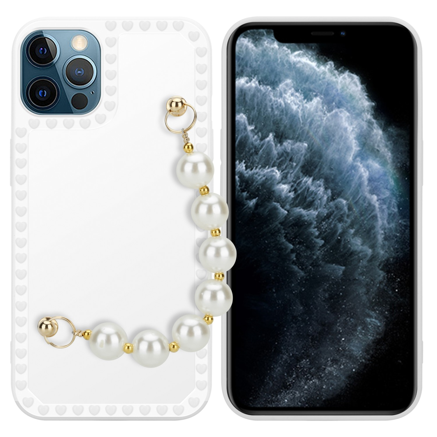 Weiße Handyhülle mit Herzdetails und einer Perlenkette, mit einem Telefon, das das Display zeigt.