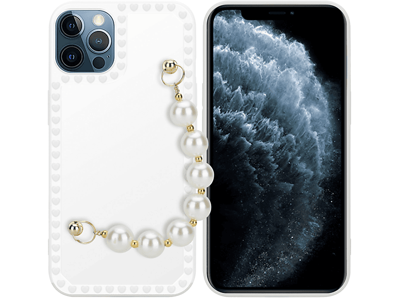 CADORABO Schutzhülle mit Handgelenk Kette, Backcover, Apple, iPhone 12 PRO, Weiß mit Perlen