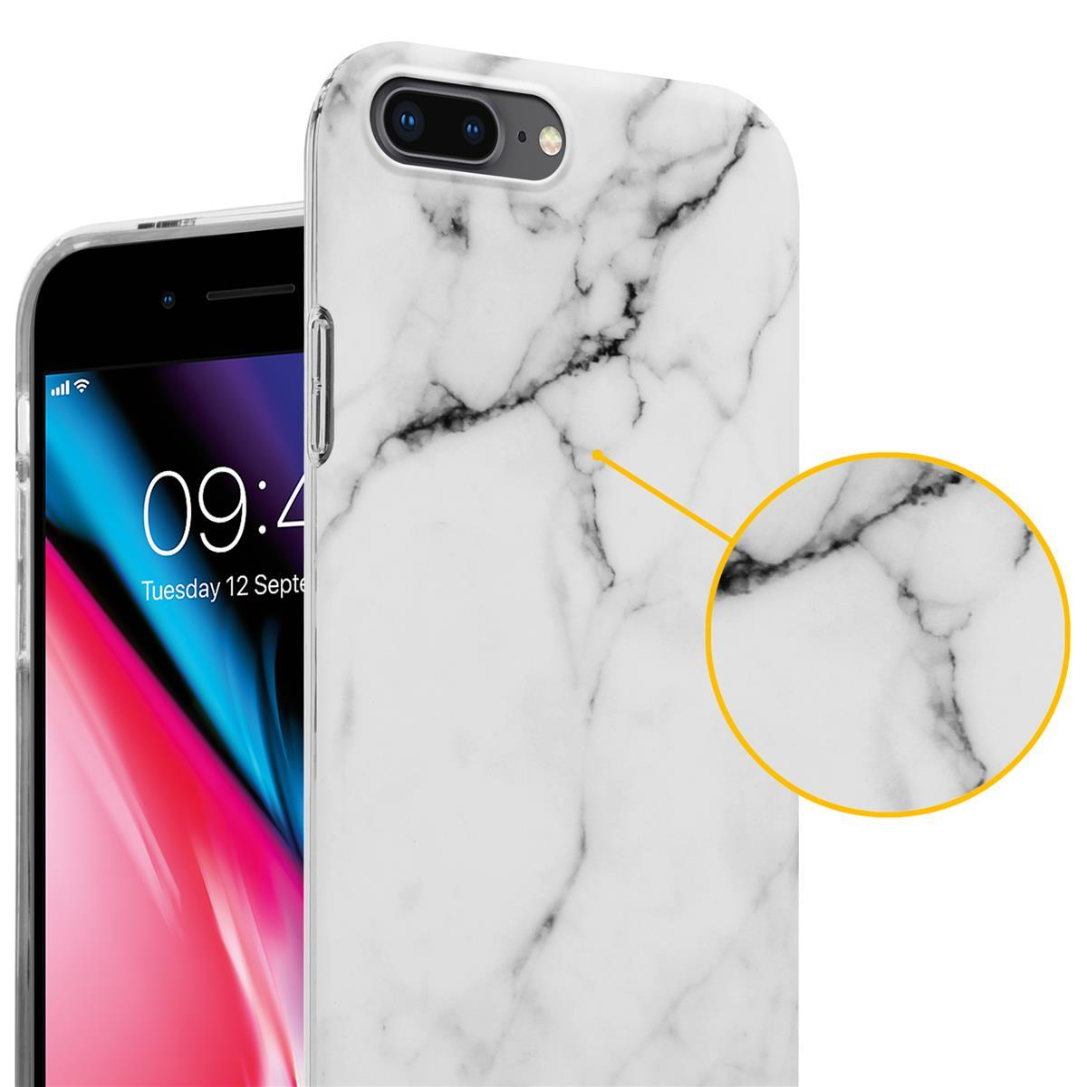 Telefon mit Marmormuster-Hülle und Nahaufnahme des Musters mit gelbem Kreis.