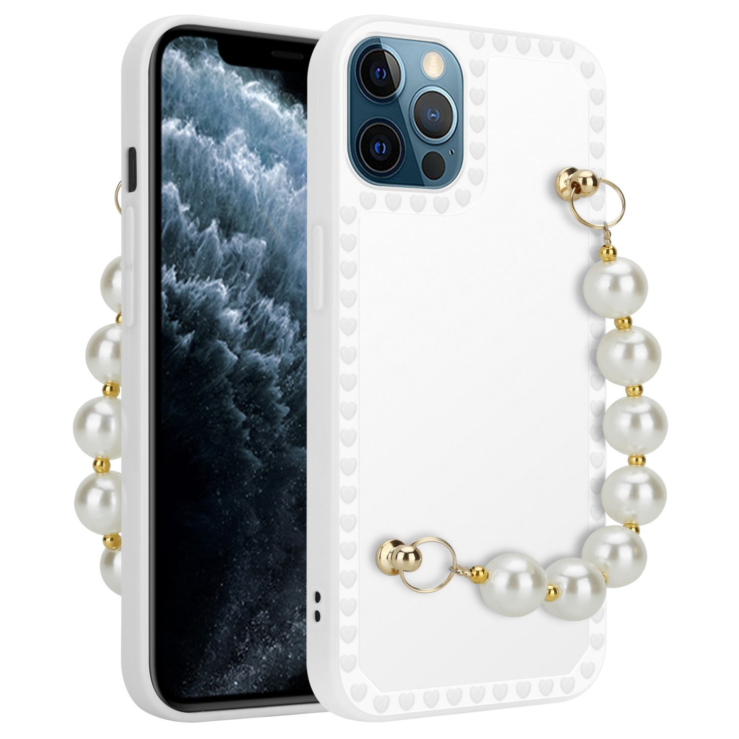 Apple, Backcover, mit iPhone Handgelenk Kette, Weiß Perlen Schutzhülle 12 PRO, mit CADORABO