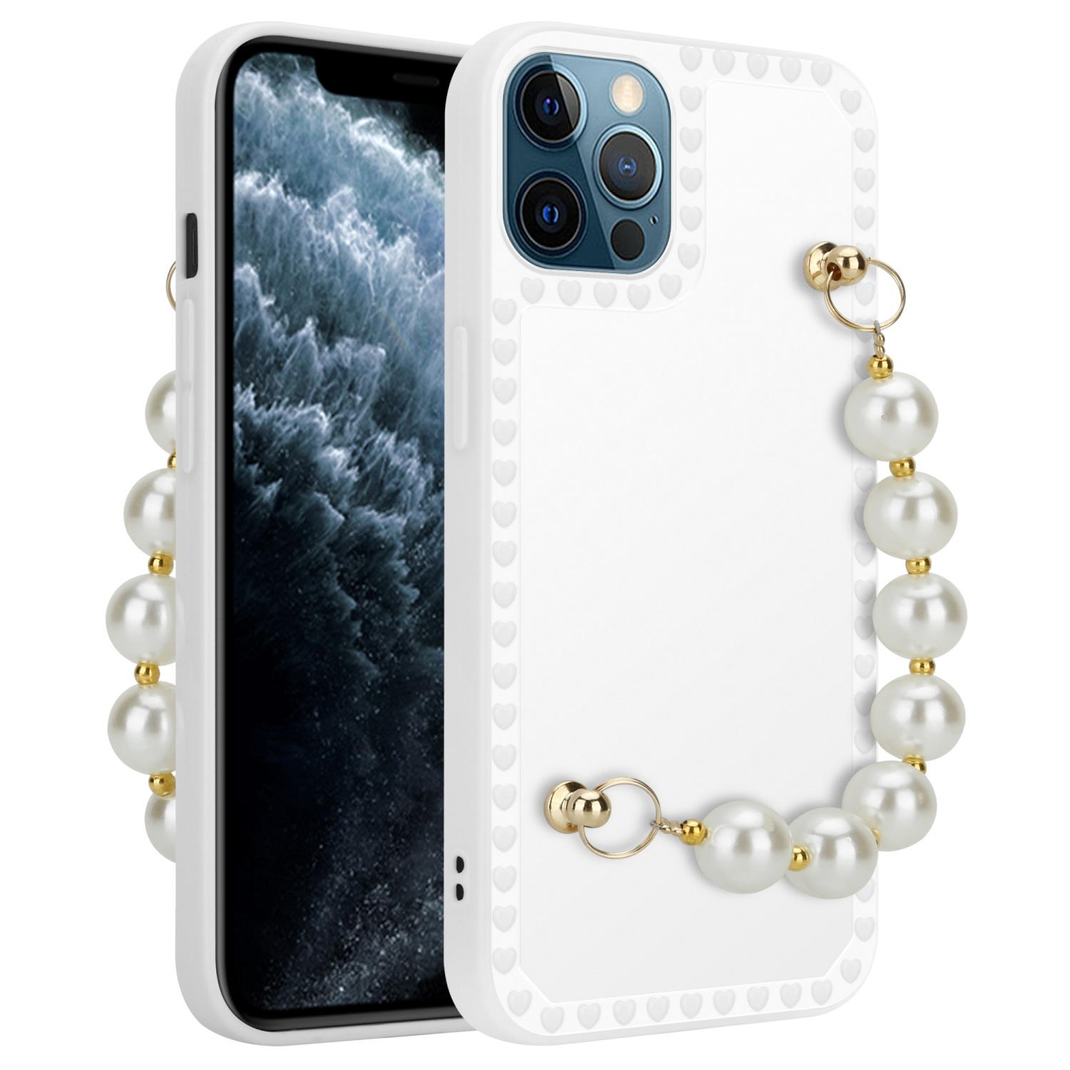Weiße Handyhülle mit Perlenband. Telefon innen. Goldene Details. Herzen am Rand.